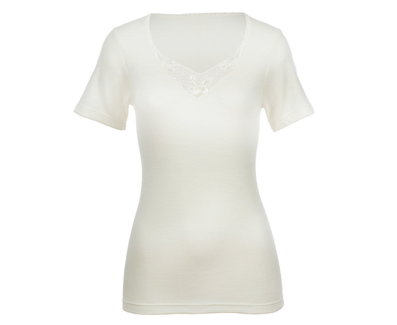 Womens Thermals Underwear Short Sleeve Merino Wool Blend Top Lace Motif - Beige-3