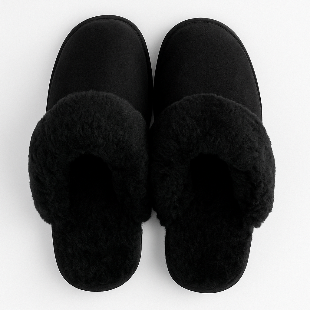 Sheepskin Wool Womens Slippers Scuffs Slip On Winter Ugg Slippers in Black-3
