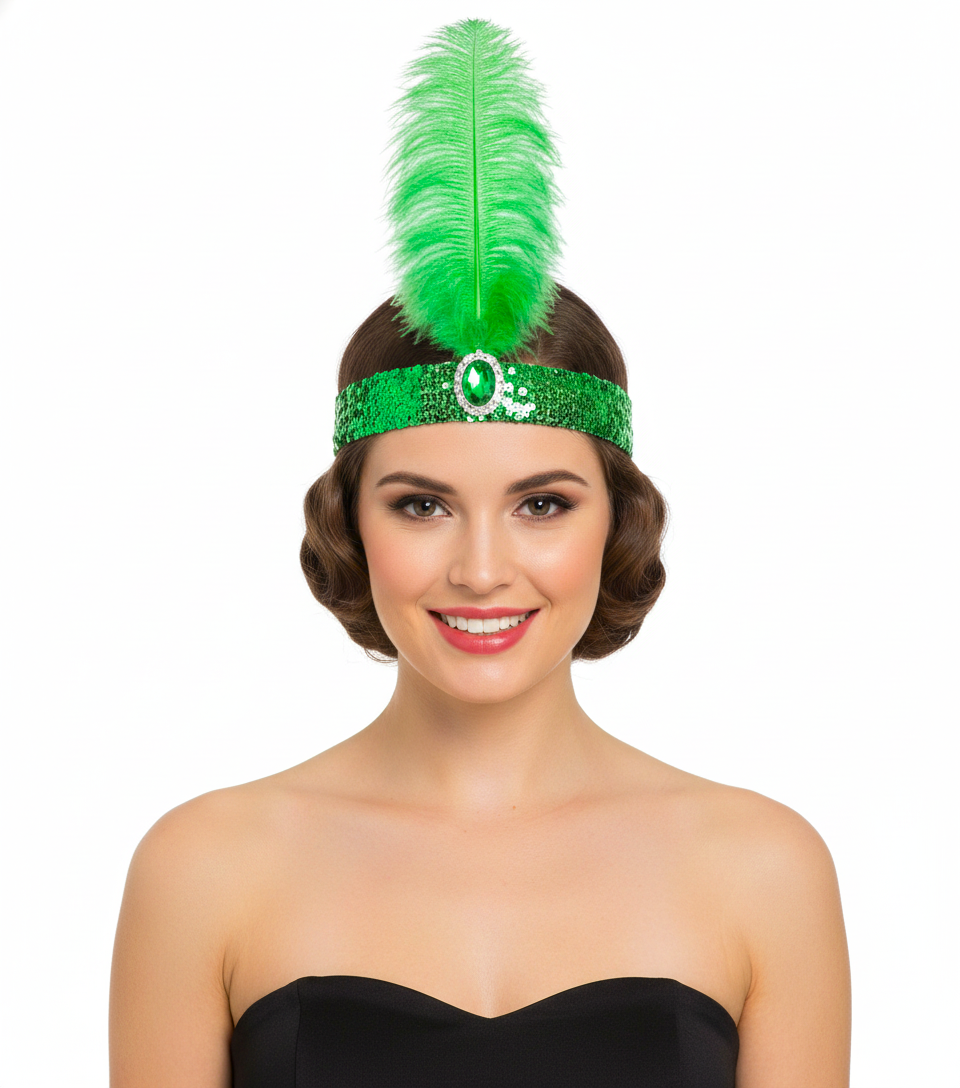 WIDE FLAPPER HEADBAND Feather Sequin Costume Gatsby Charleston Headpiece 1920s - Green