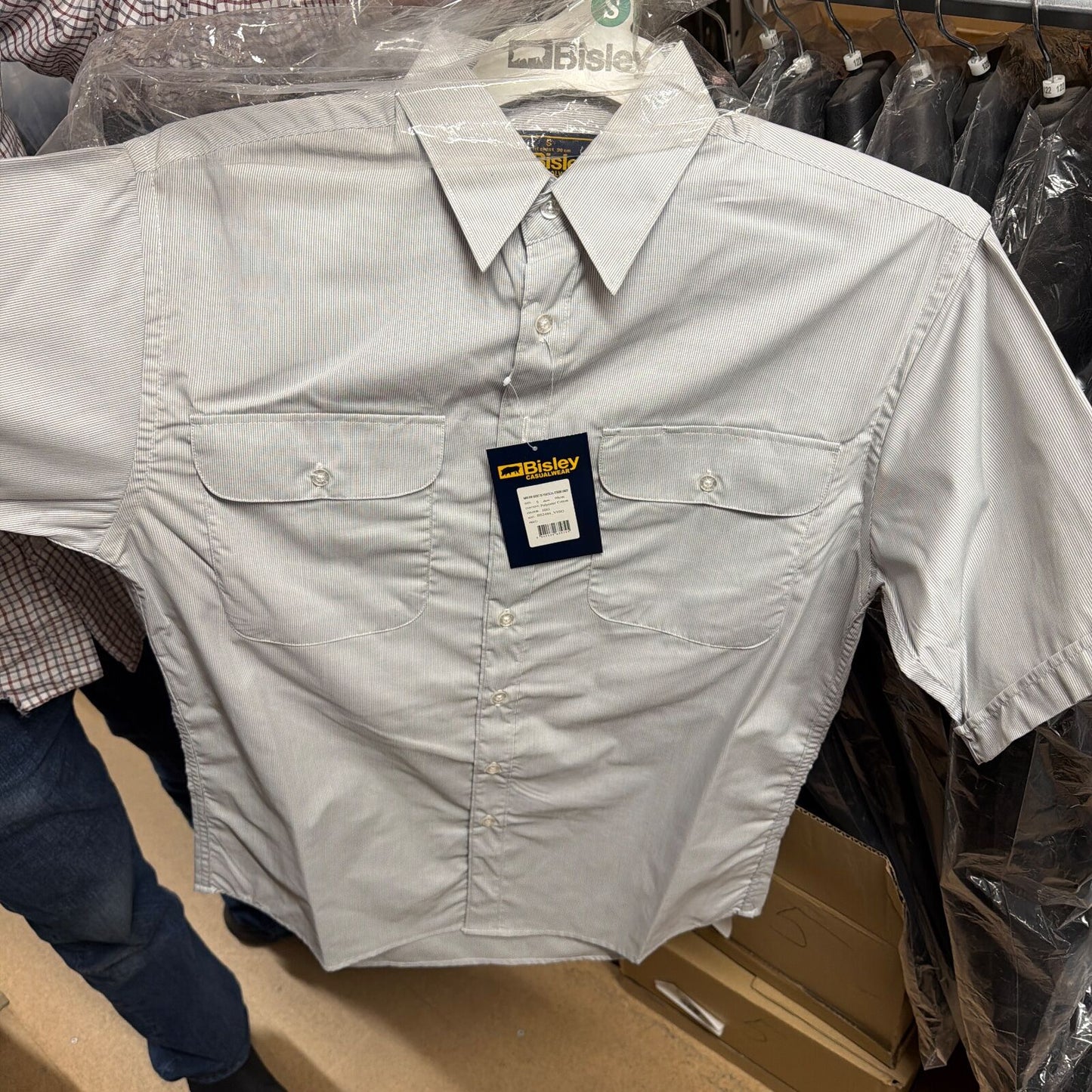 BISLEY SHORT SLEEVE SHIRT Everyday Casual Business Work Cotton Blend Check in Grey (Size Small)