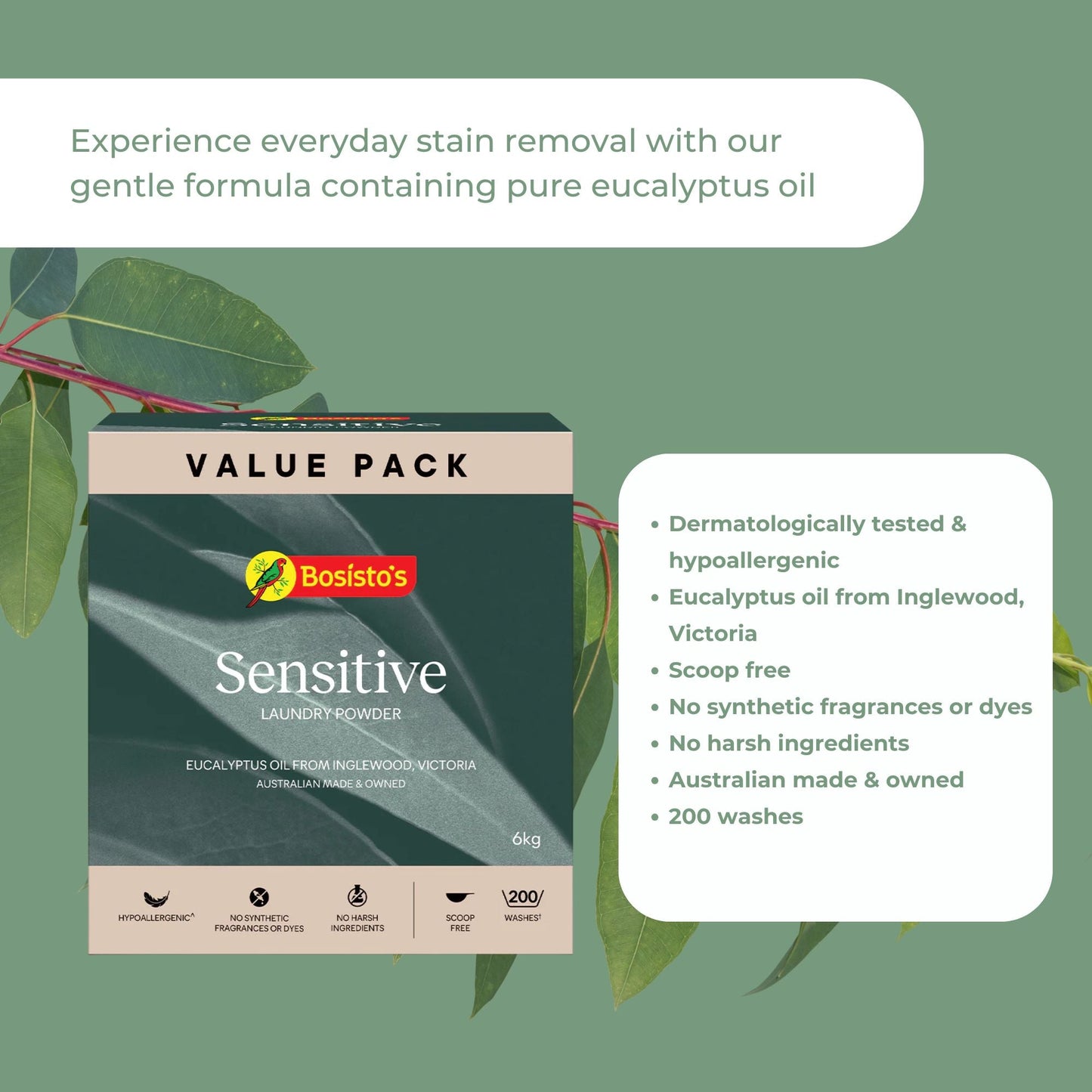 Bosisto's 6Kg Senstive Laundry Powder Refill - Eco Eucalyptus Washing Detergent-2