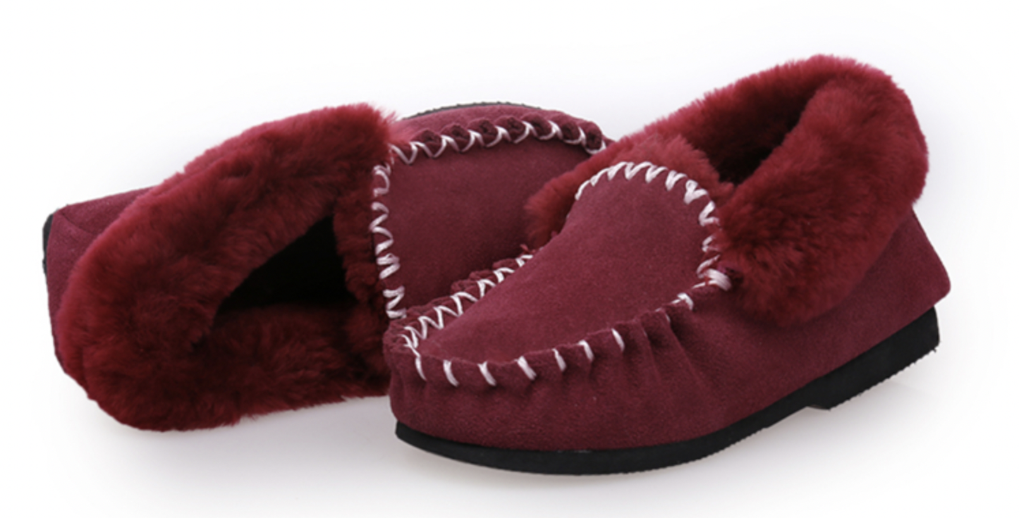 100% Australian Merino Sheepskin Moccasins Slippers Winter Casual Genuine Slip On UGG - Burgundy-4