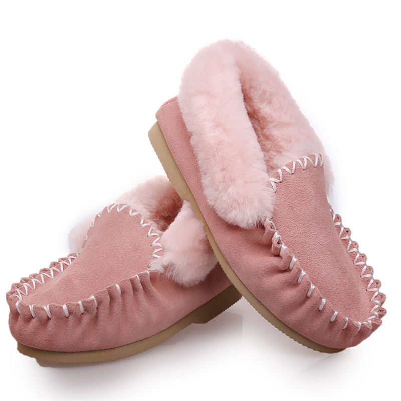 100% Australian Merino Sheepskin Moccasins Slippers Winter Casual Genuine Slip On UGG - Light Pink-1