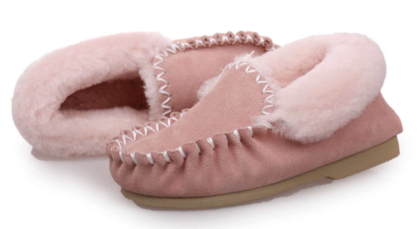 100% Australian Merino Sheepskin Moccasins Slippers Winter Casual Genuine Slip On UGG - Light Pink-4