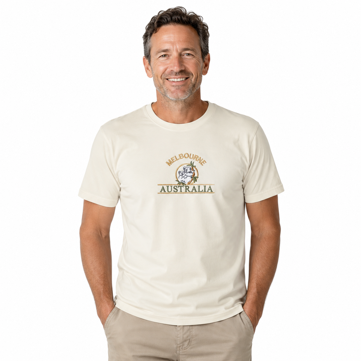Adult Australia "Melbourne" T Shirt Australia Day Souvenir Tee Top 100% Cotton in Cream