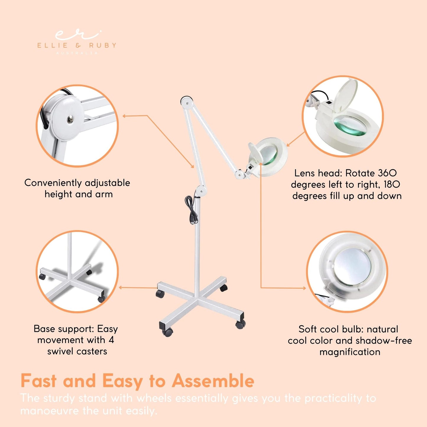 Ellie & Ruby 5x Magnifying Floor Lamp - Glass Lens Light and Wheeled Stand White-4