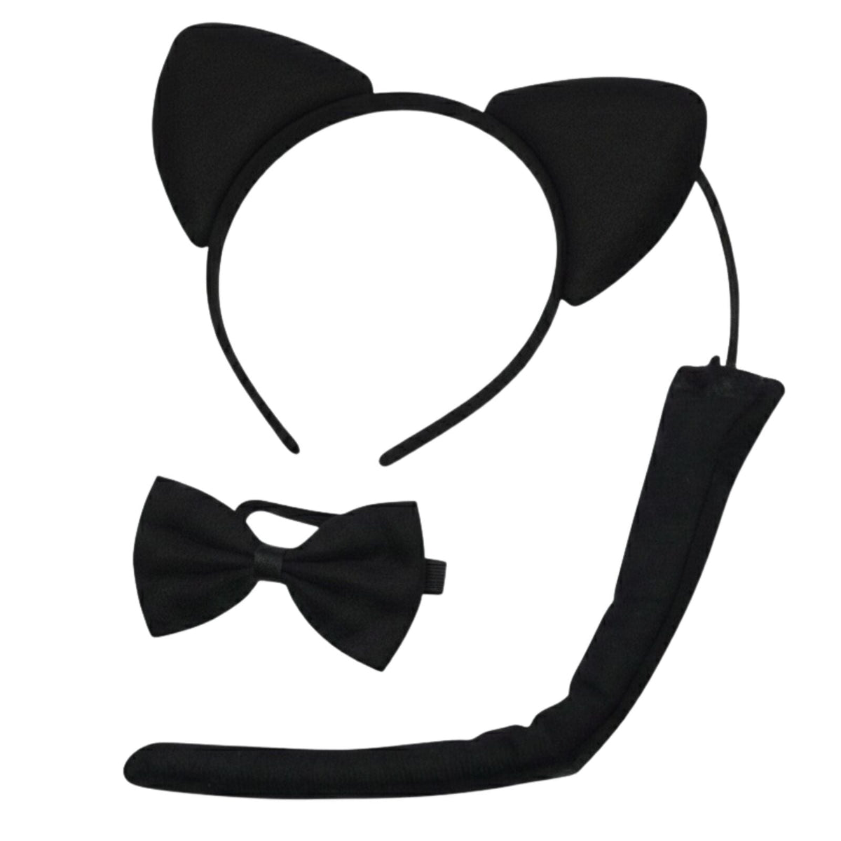 BLACK CAT EARS HEADBAND w Bow Tail Animal Costume Halloween Party Hair Accessory