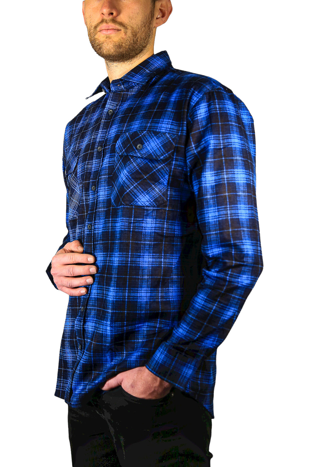 Mens 100% Cotton Flannelette Shirt Long Sleeve Check Authentic Flannel - Blue-4