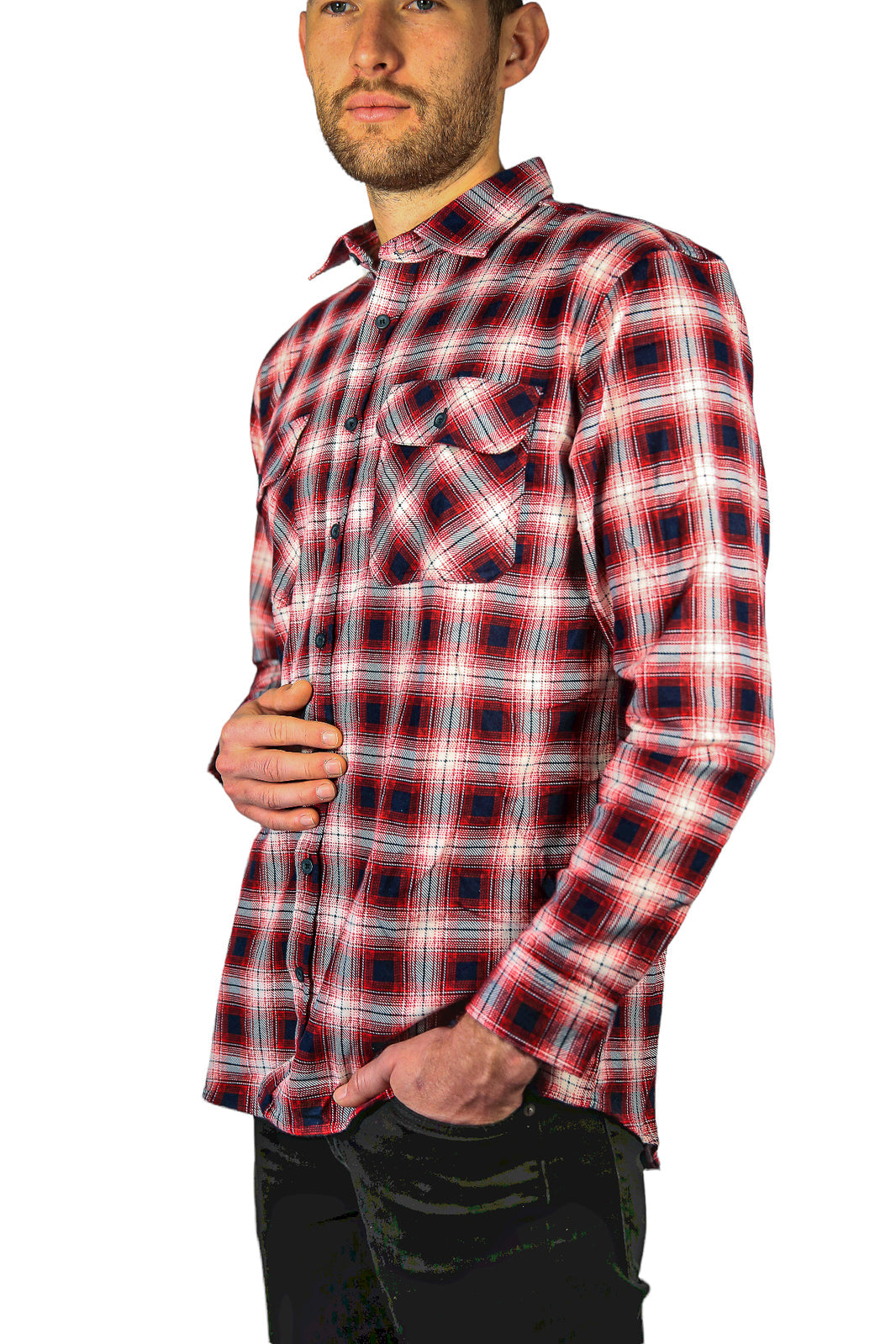 Mens 100% Cotton Flannelette Shirt Long Sleeve Check Authentic Flannel - Red/Navy-4