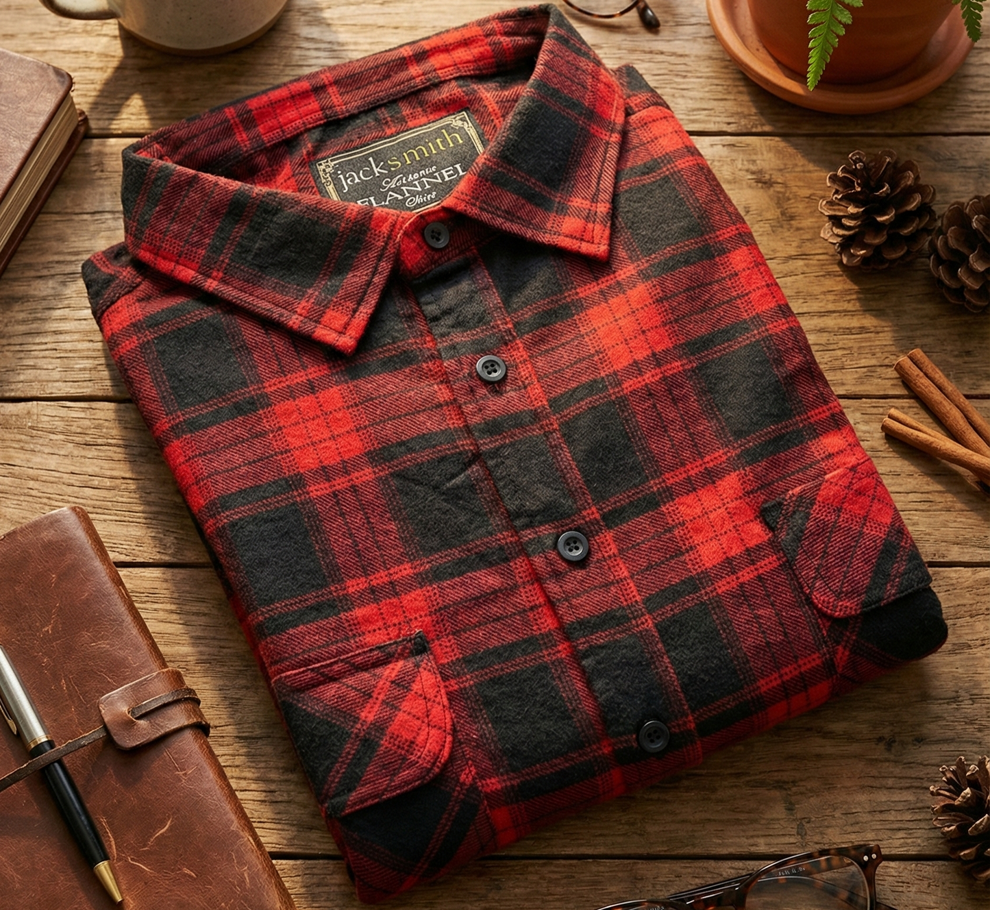 Mens Long Sleeve Flannel Pullover Shirt - Black/Red (100% Cotton Half Button Flannelette)-3