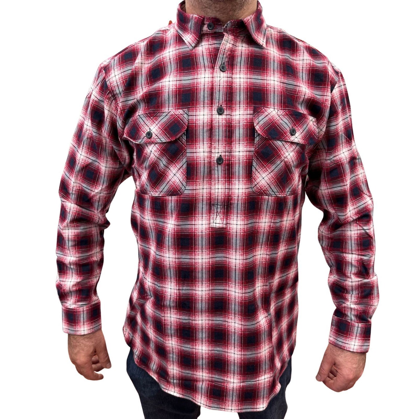 Mens Flannelette Long Sleeve Pullover Shirt 100% Cotton Flannel - Half Placket - Red/Black/White-1