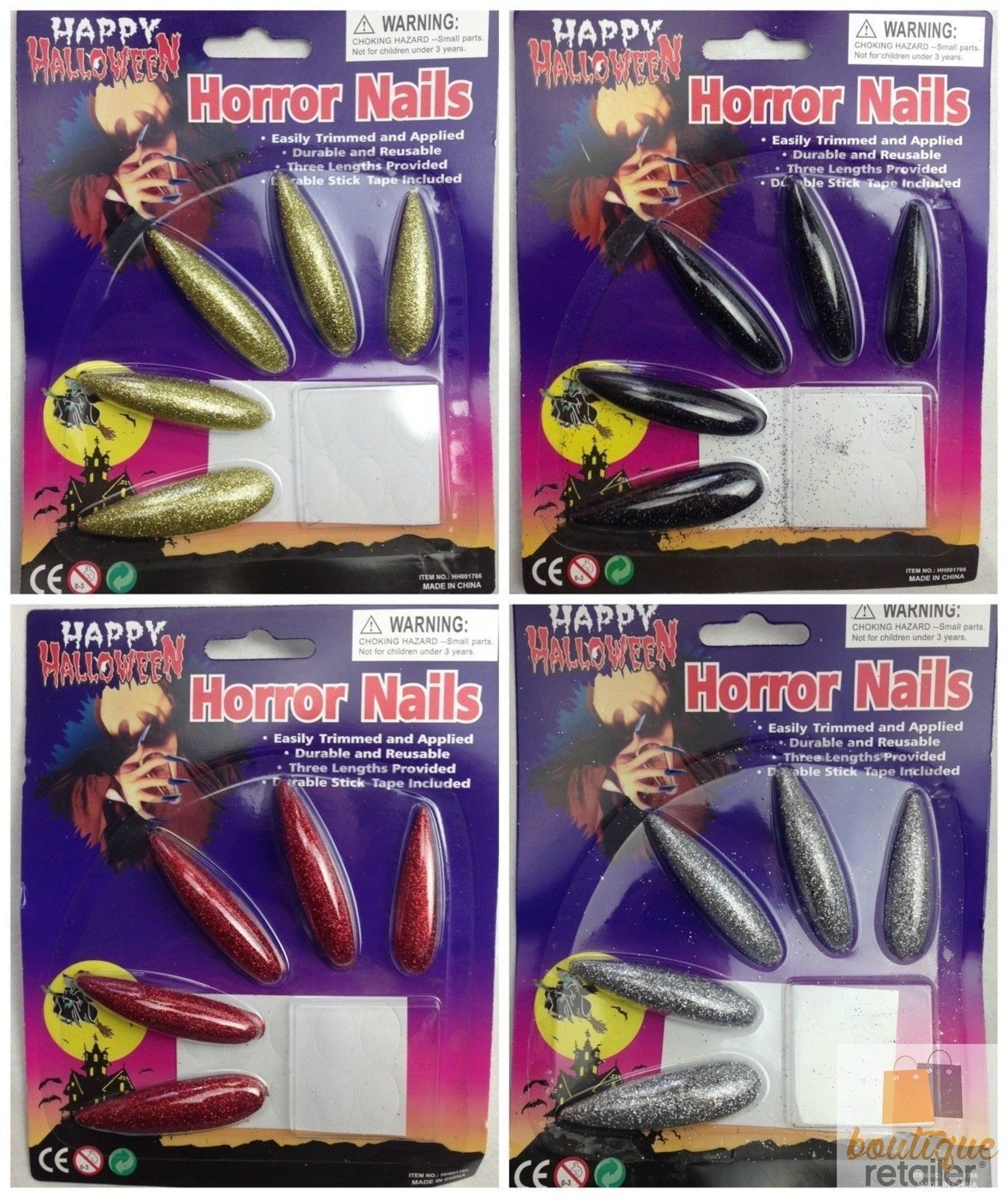 10x Long GLITTER HORROR NAILS Halloween Party Costume Accessory Vampire Witch-1