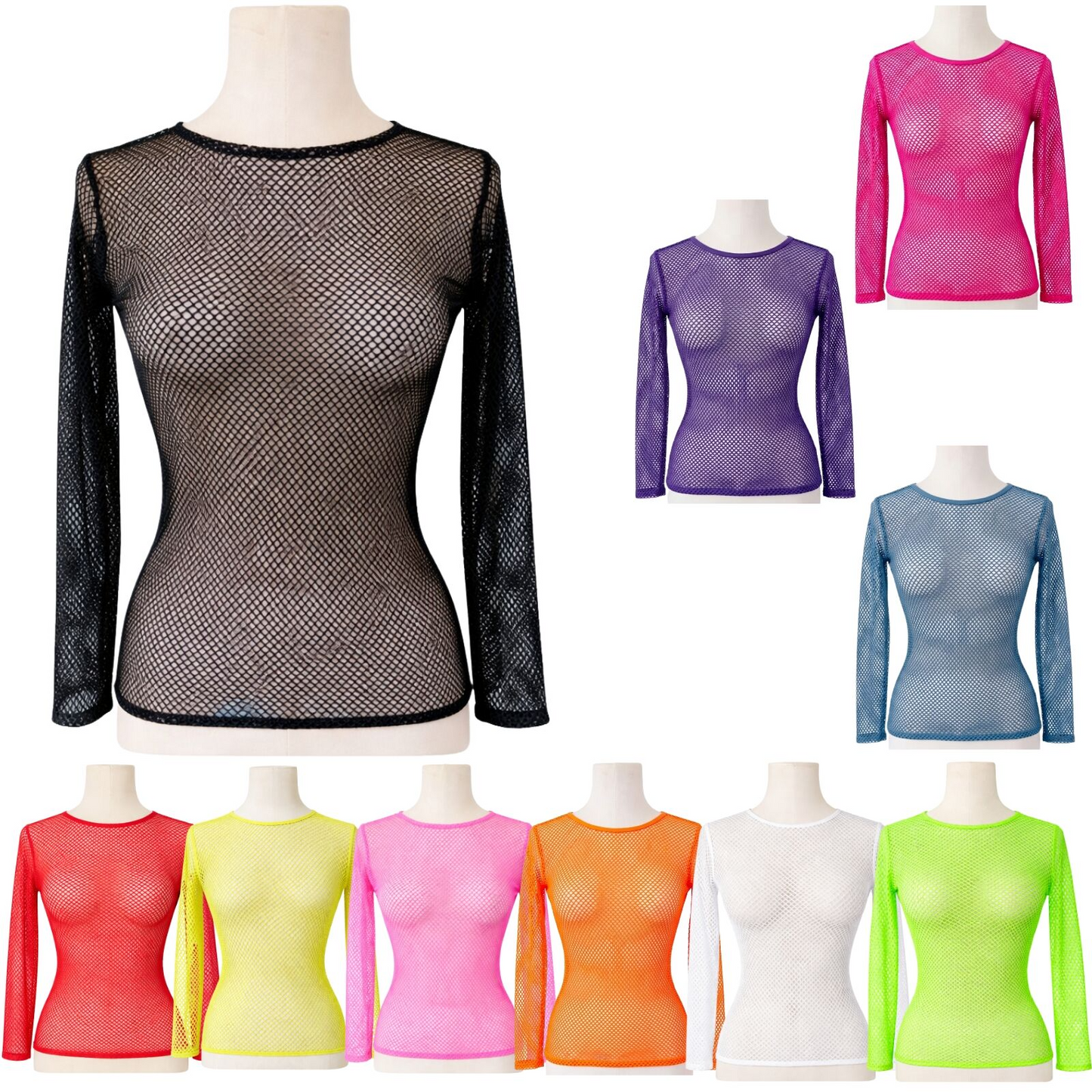 3x Womens Fishnet Mesh Tops Long Sleeve Sheer Stretch Costume - Assorted Pack