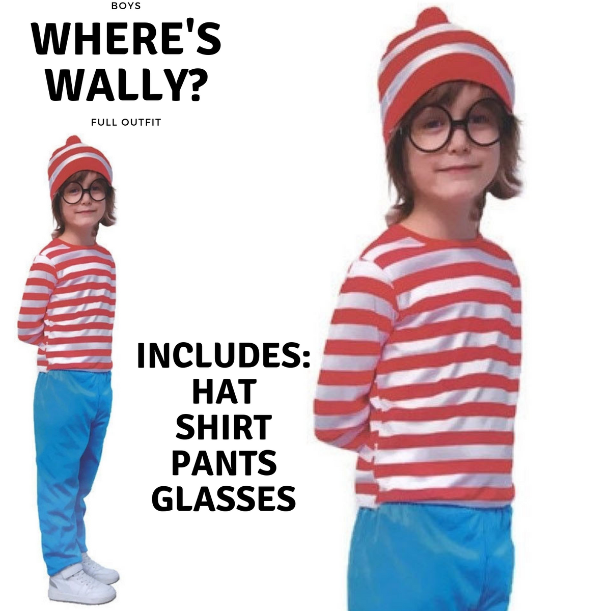 Kids Red & White Stripe Costume Full Set Party Hat Shirt Top Pants Boys Book Week Halloween