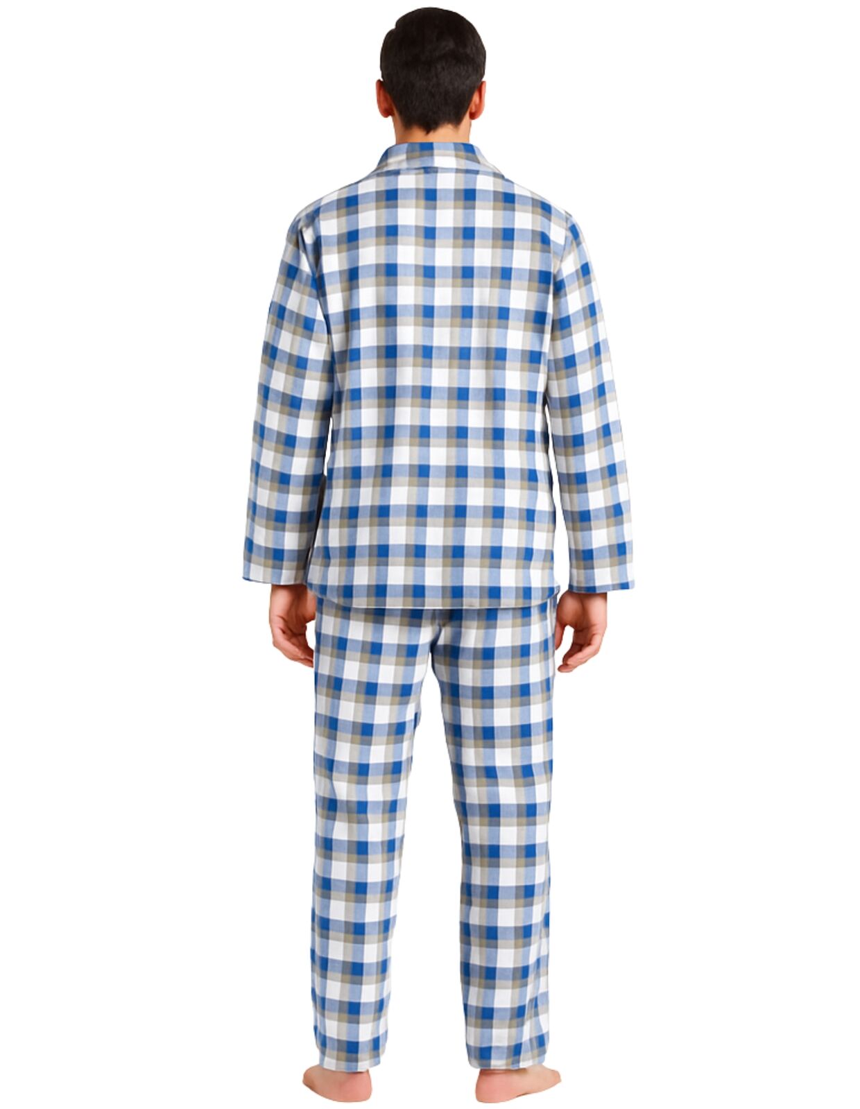 Mens Flannelette Pyjama Set Sleepwear Soft 100% Cotton PJs Two Piece - Light Blue Check-3