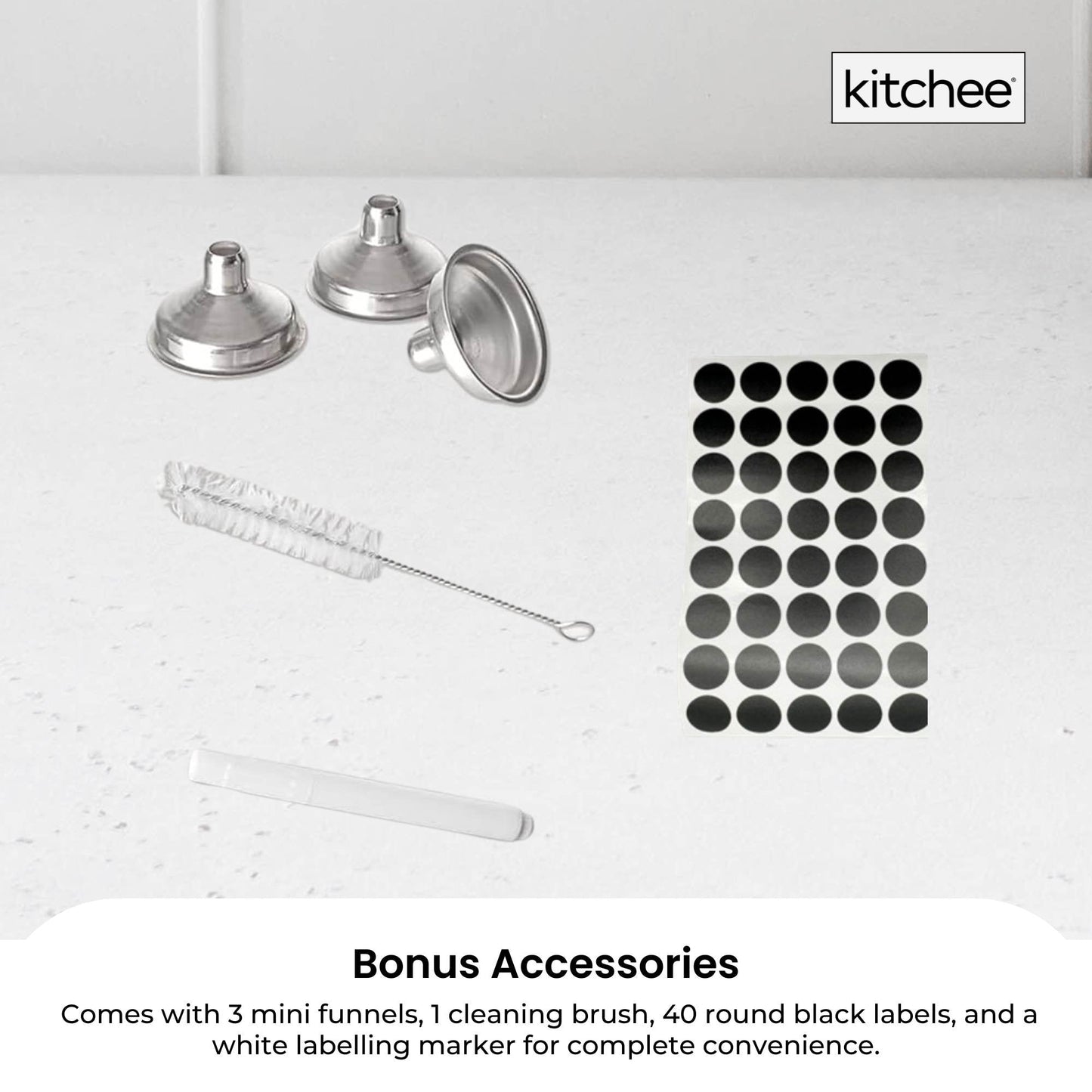 Kitchee 12x 60ml Small Glass Bottles + Lids Funnels Brush Labels Pen-4