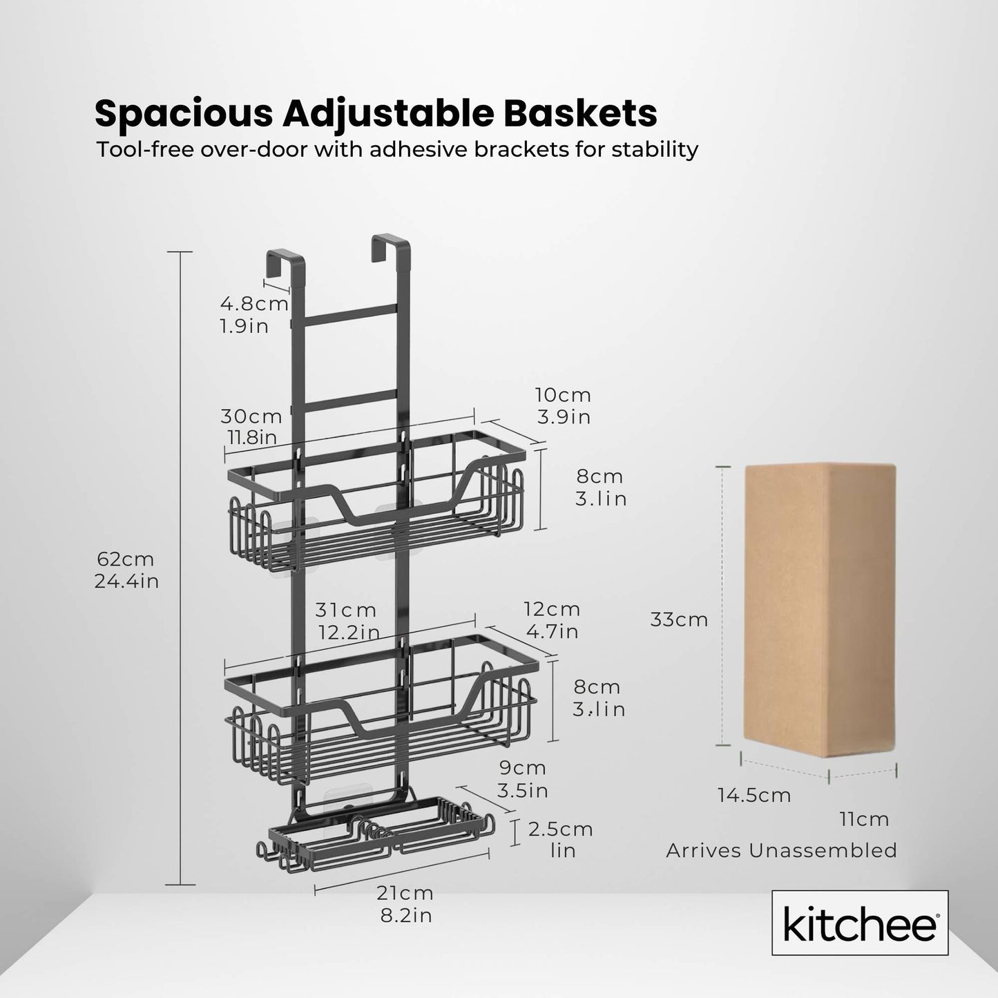 Kitchee 3 Tier Shower Caddy Over Door Bathroom Hanging Shelf Storage Rack Black-4