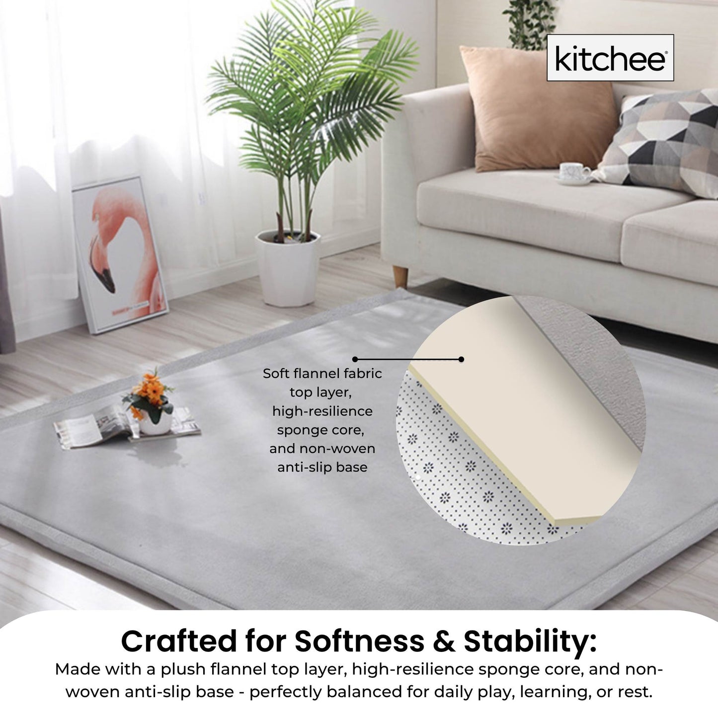 Kitchee Kids Foam Floor Play Mat 150x200cm – Padded Thick Soft Tatami Style Grey-4