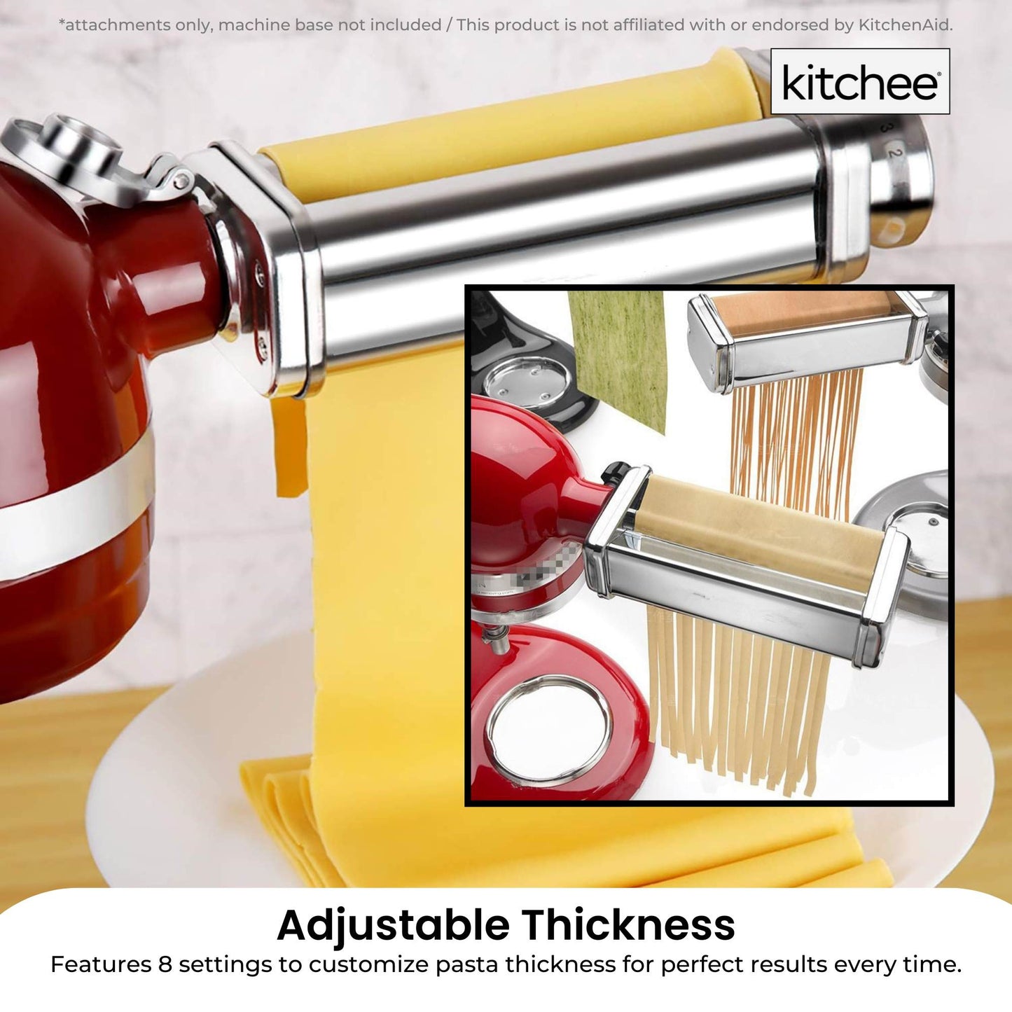 Kitchee Pasta Noodle Maker Roller Cutter Attachments - Compatible with KitchenAid Mixer-4