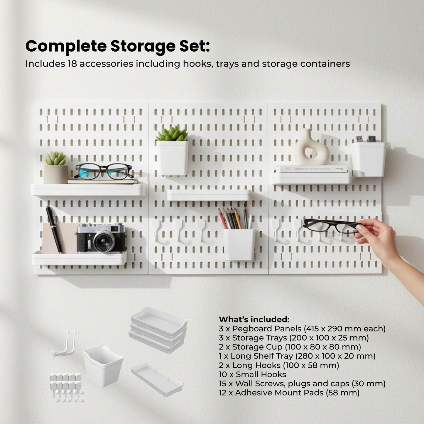 Kitchee Pegboard Wall Organiser Storage Kit 18 Hook and Basket Accessories White-4
