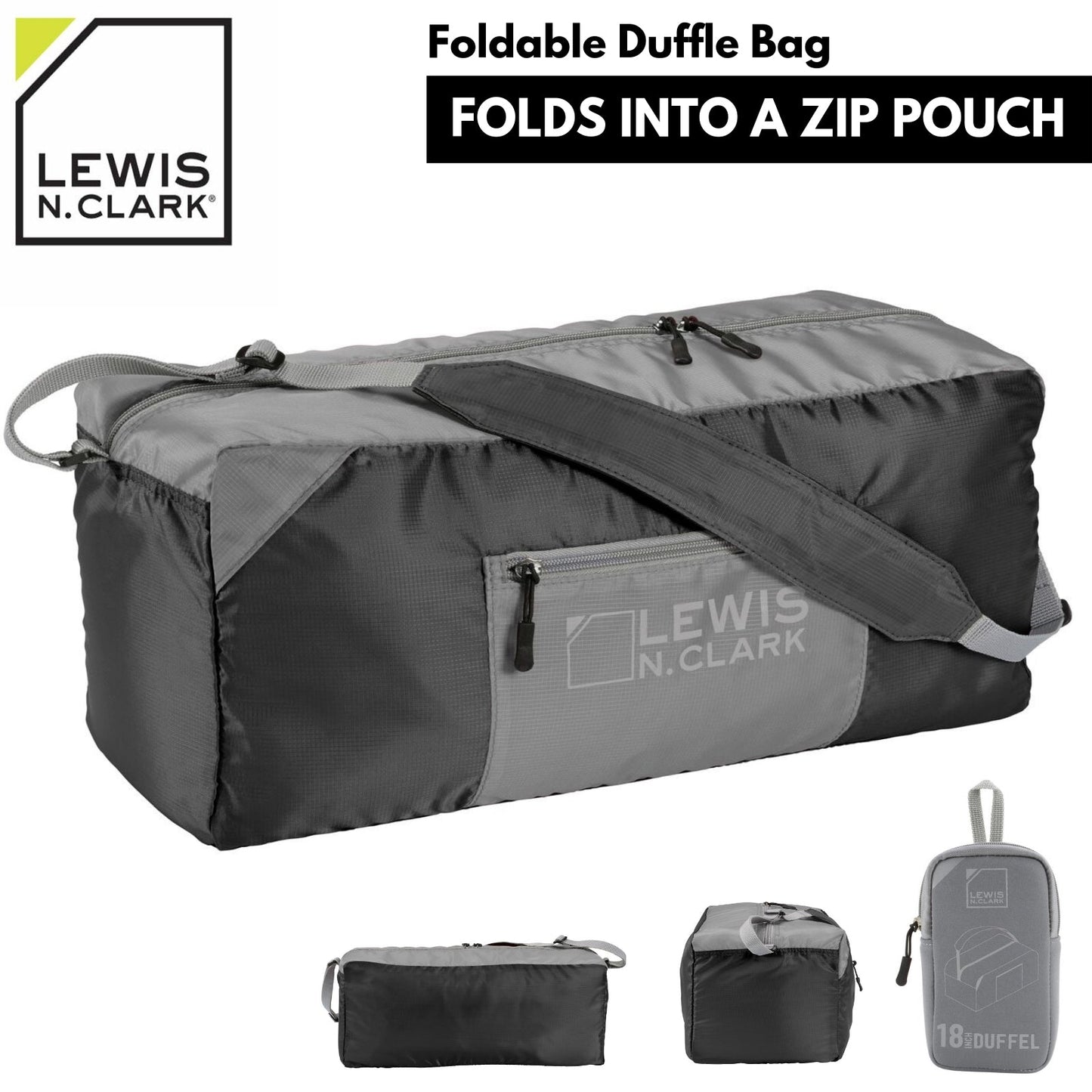 Lewis N. Clark 18" Packable Foldable Travel Compact Duffle Bag - Black/Grey-1