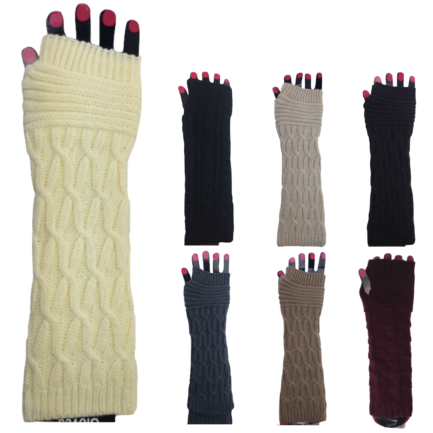 6x Womens Arm Warmers Winter Long Knitted Fingerless Gloves - Assorted