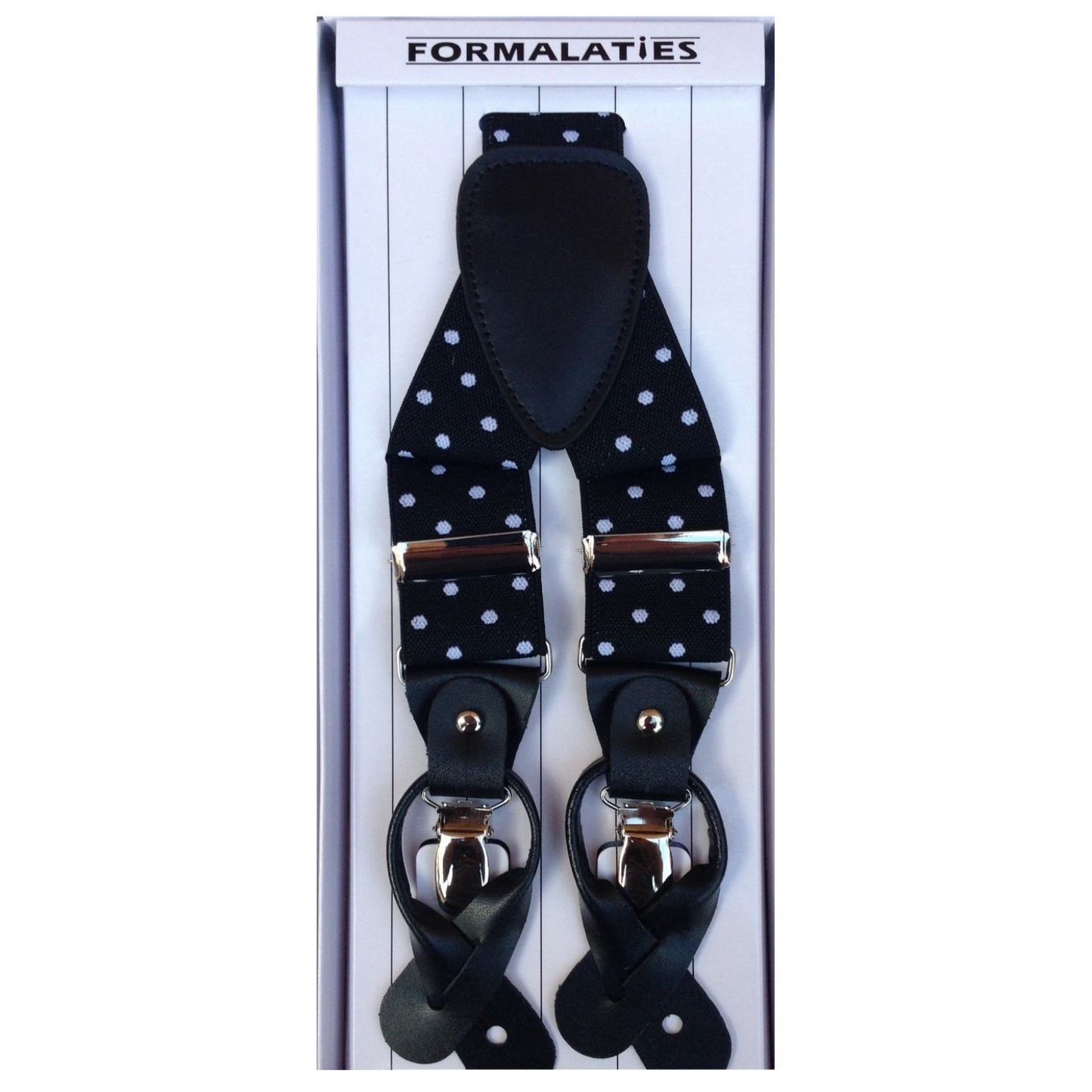 Mens Premium Convertible Suspenders Braces Clip On Elastic Y-Back Traditional Leather Tab - Polka Black/White-1