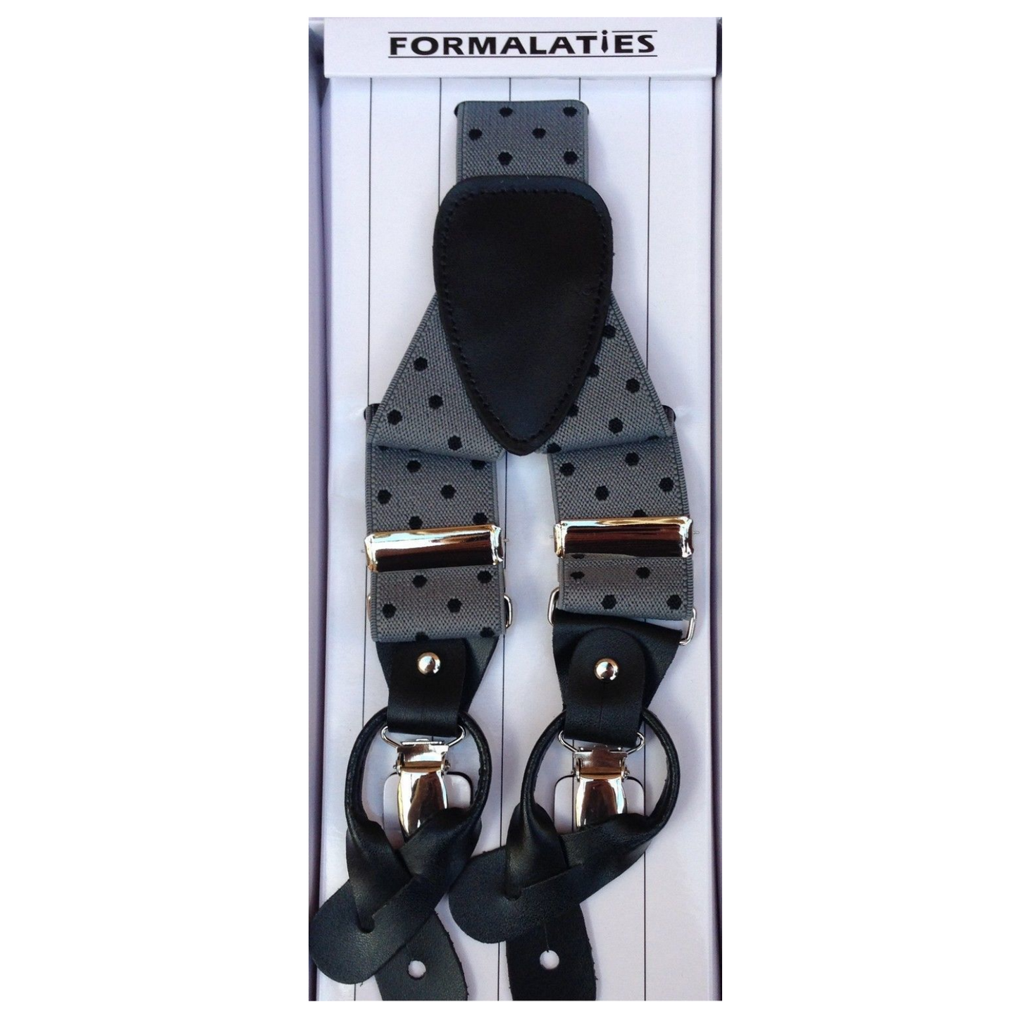 Mens Premium Convertible Suspenders Braces Clip On Elastic Y-Back Traditional Leather Tab - Polka Grey/Black-1