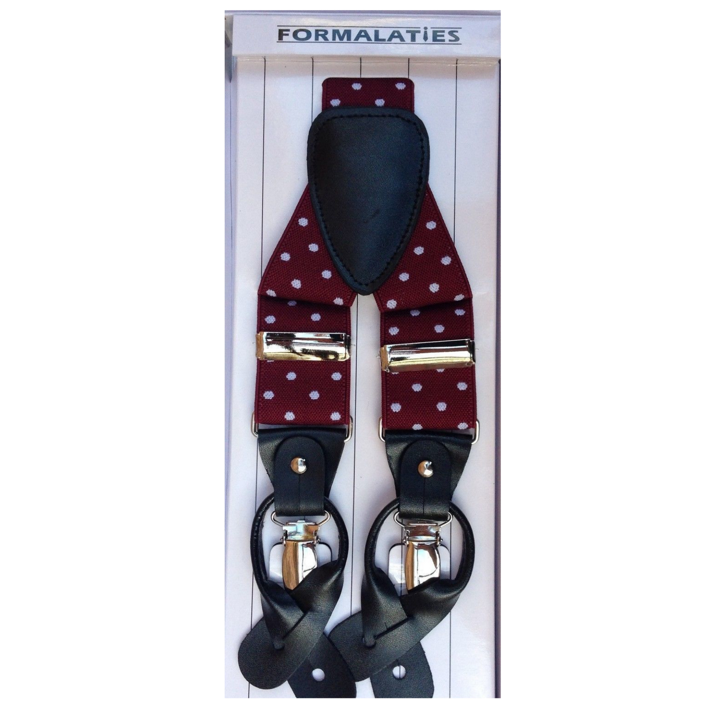 Mens Premium Convertible Suspenders Braces Clip On Elastic Y-Back Traditional Leather Tab - Polka Wine/White-1