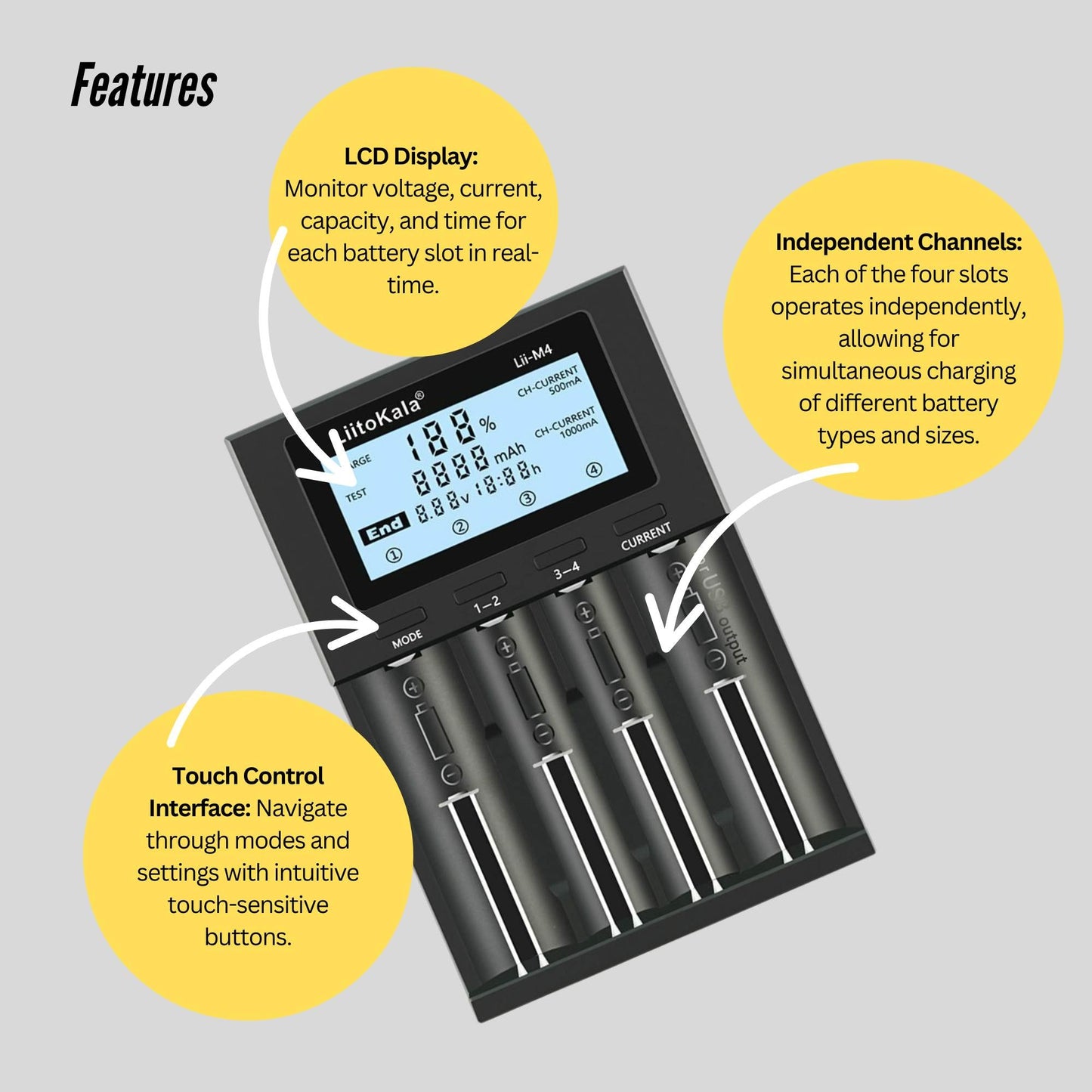 LiitoKala Lii-M4 Smart Battery Charger LCD - 4-Slot USB for 18650 AA AAA Li-ion-4