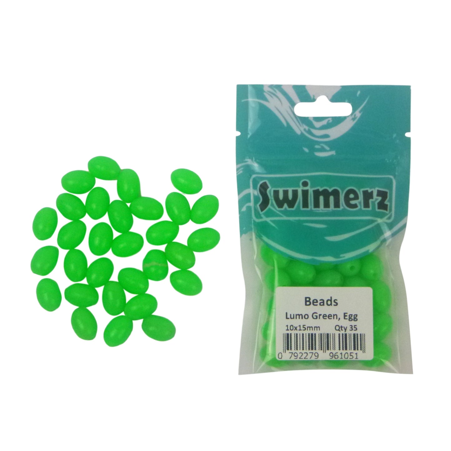 Swimerz Beads, 6.4mmWx8.3mmL, Lumo Green Egg, 50 pack-1