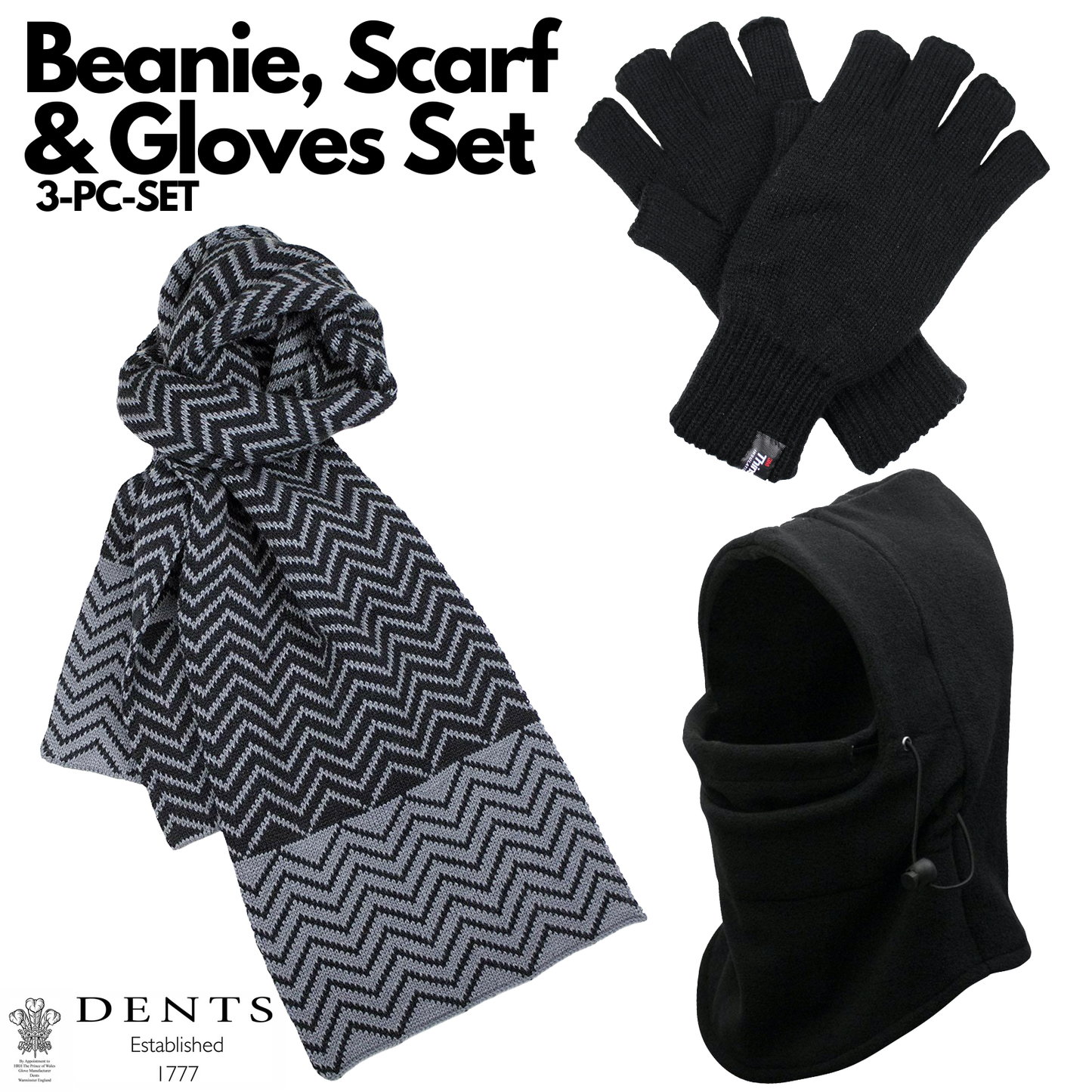 3pc 3M Thinsulate Set Mens Black Thermal Windproof Beanie Hat Scarf Gloves-1