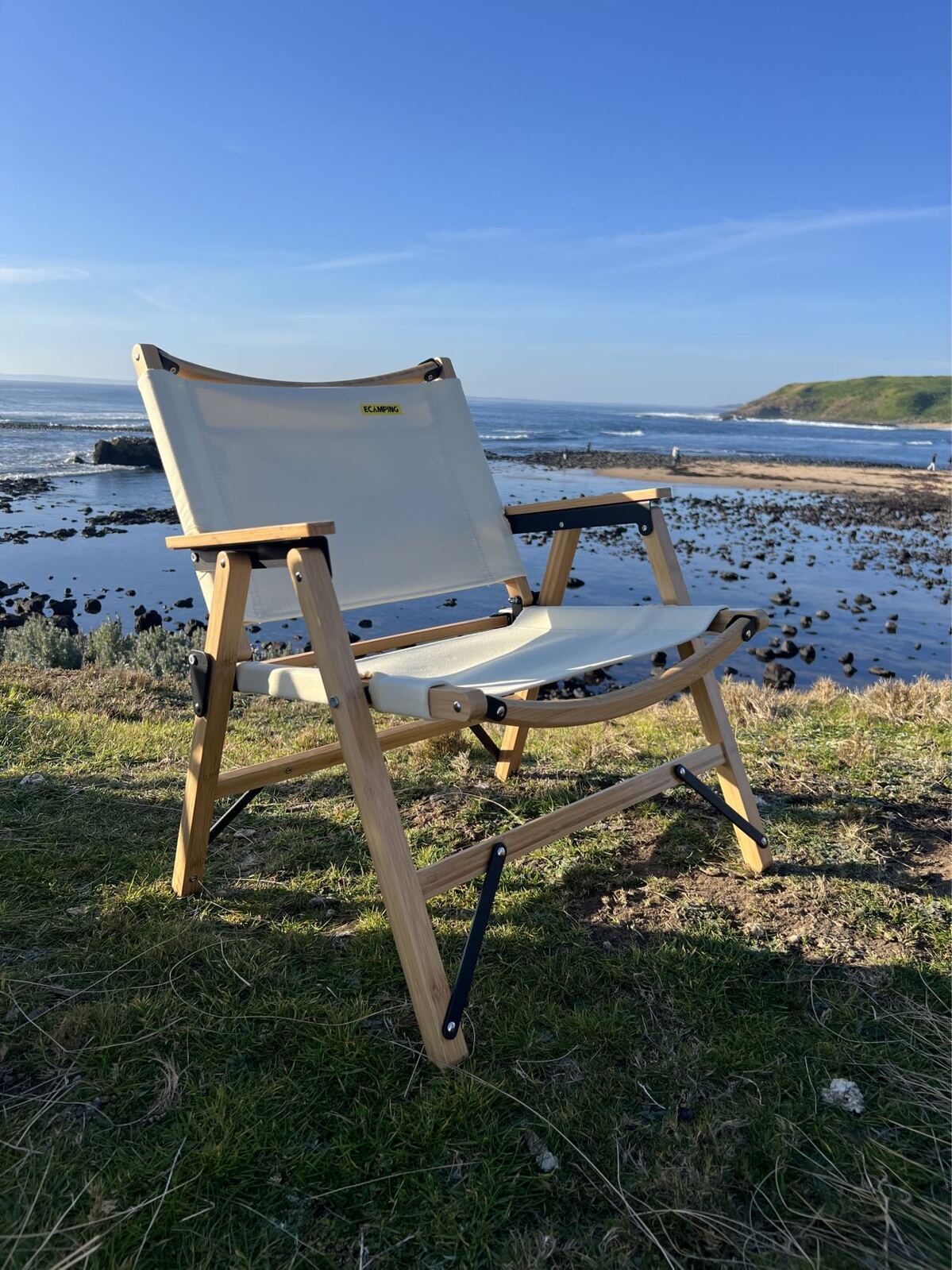 Bamboo Canvas Foldable Outdoor Camping Chair Wooden Travel Picnic Park - Khaki/Light Beige-4