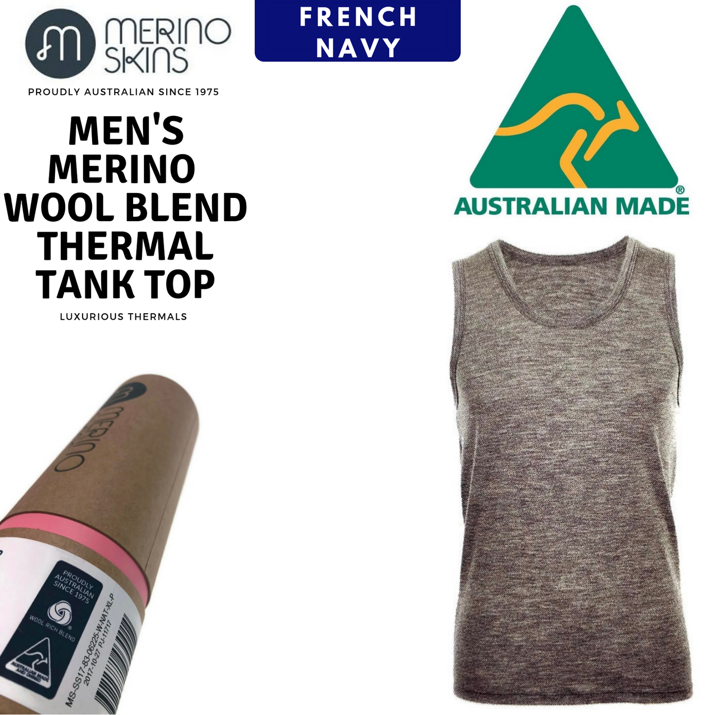 MERINO SKINS Mens Classic Round Neck Tank Singlet Thermal Top - French Navy