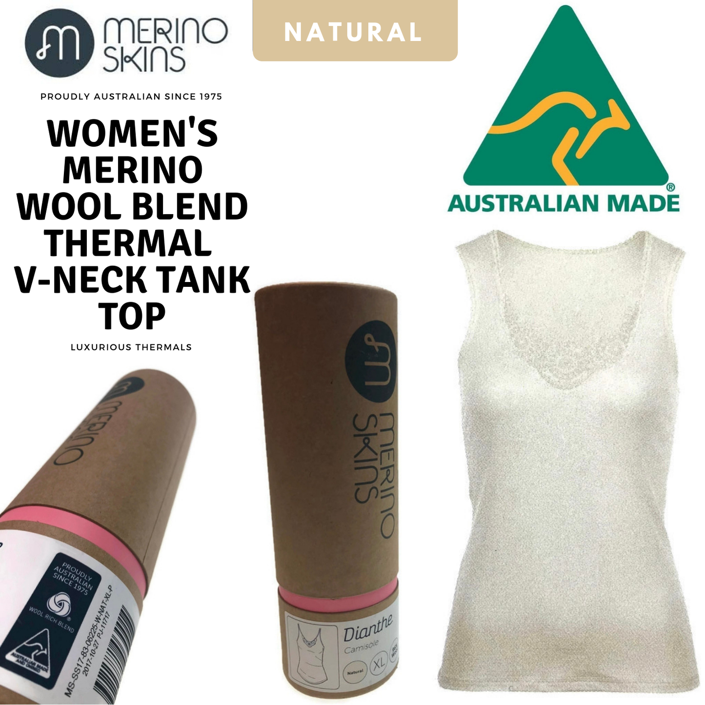 MERINO SKINS Ladies Dianthe Tank Top Thermal Merino Wool Rich Thermals - Natural-4