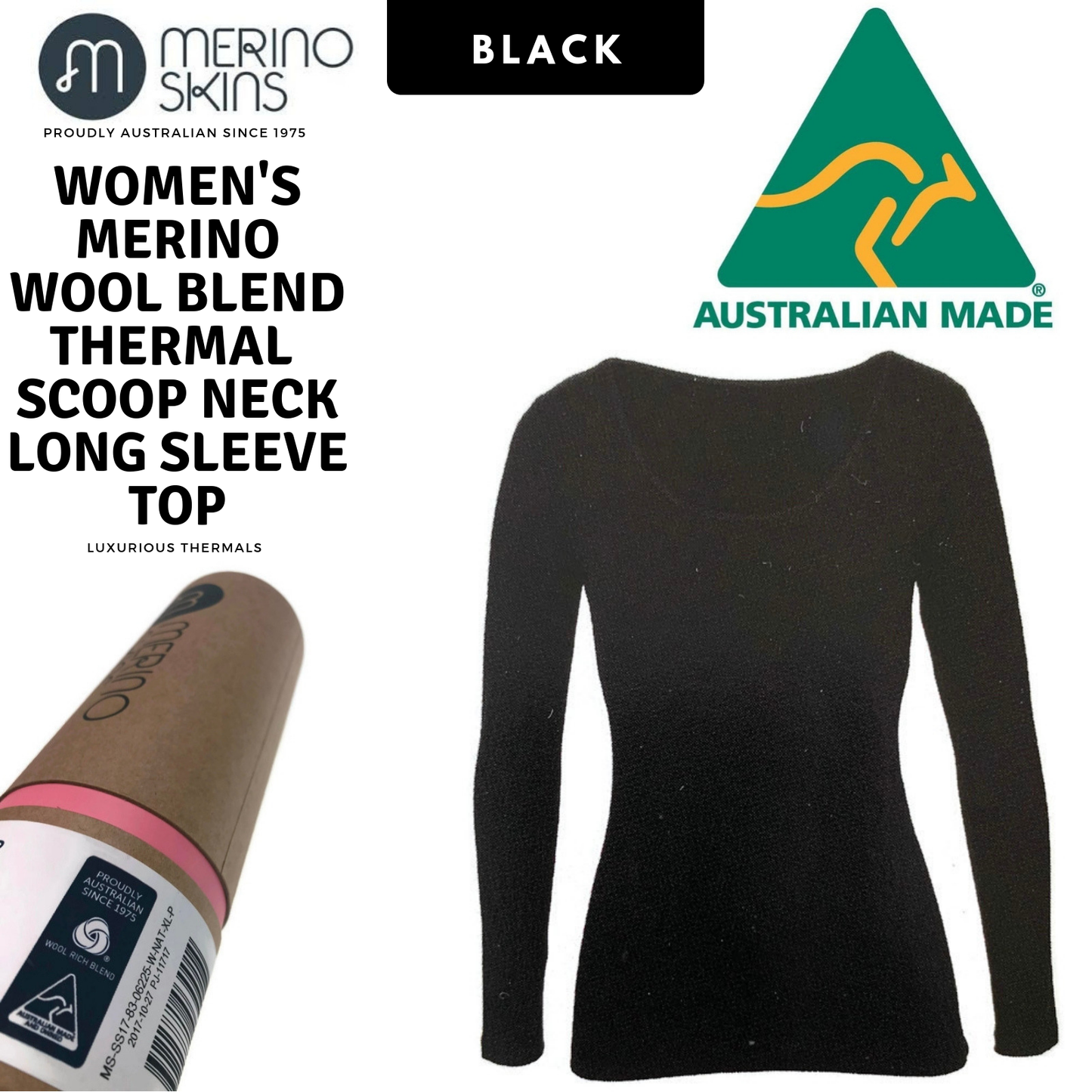 MERINO SKINS Ladies Scoop Neck Long Sleeve Top Thermals - Black-4