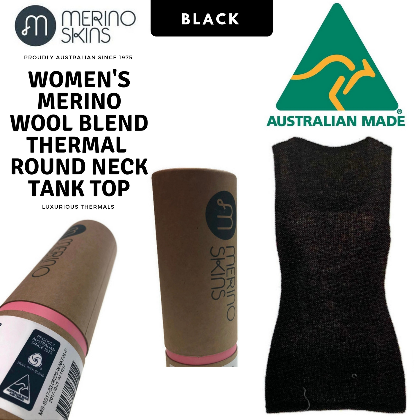 MERINO SKINS Wool Blend Ladies Verona V-Neck Tee Thermal Top Tank - Black