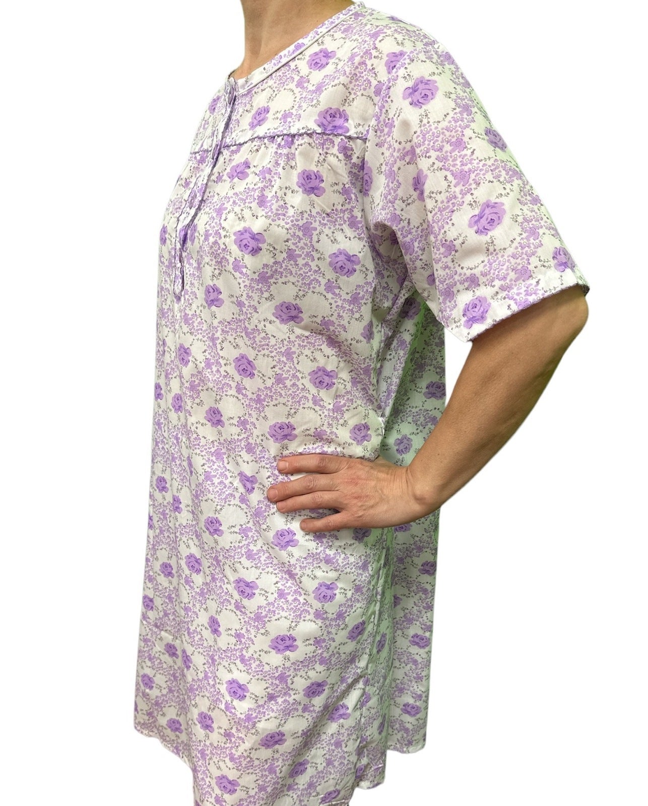 Womens 100% Cotton Short Sleeve Nightie Gown Night Sleepwear Pyjamas PJ Pajamas - Lilac-3