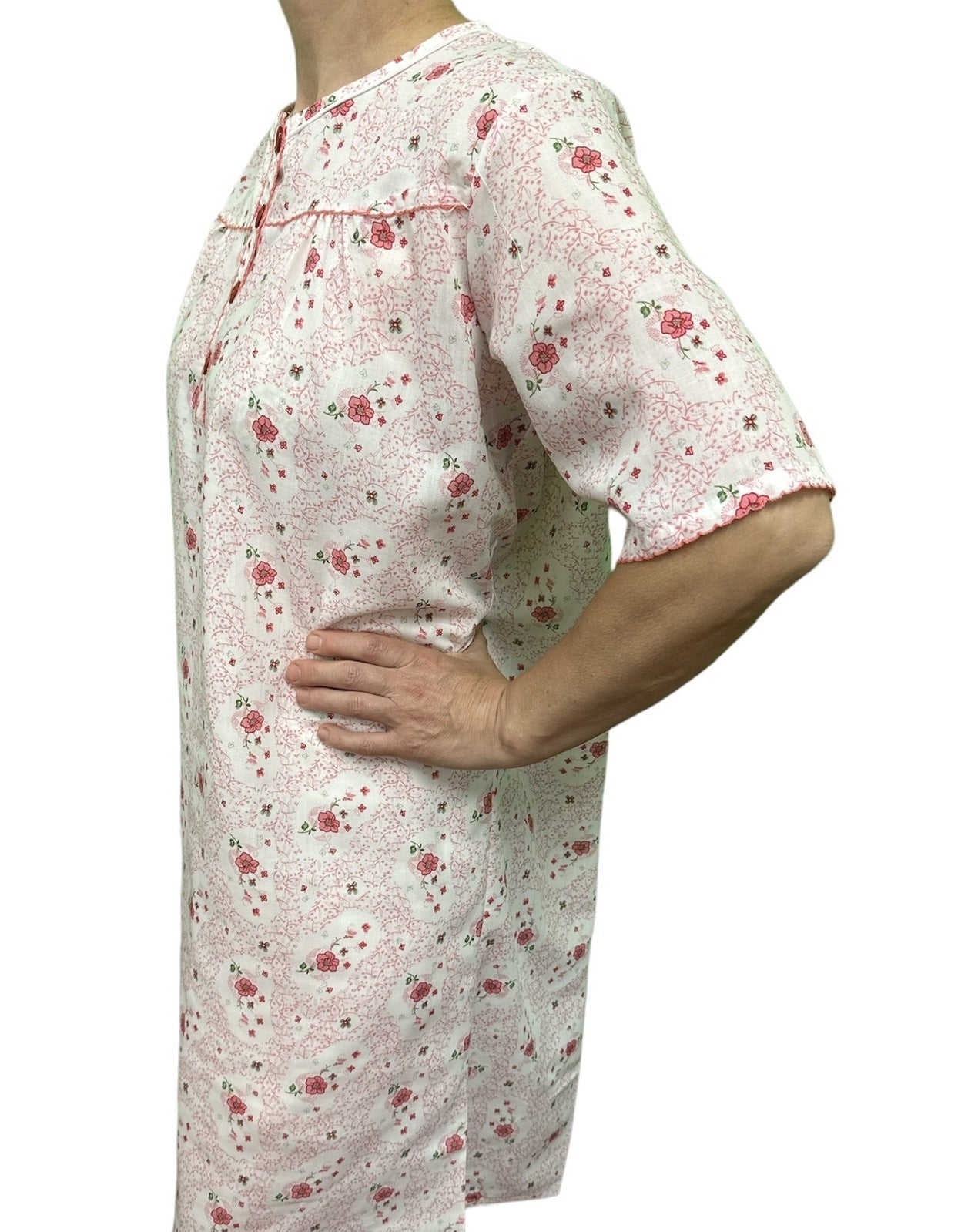 Womens 100% Cotton Short Sleeve Nightie Gown Night Sleepwear Pyjamas PJ Pajamas - Pink-3