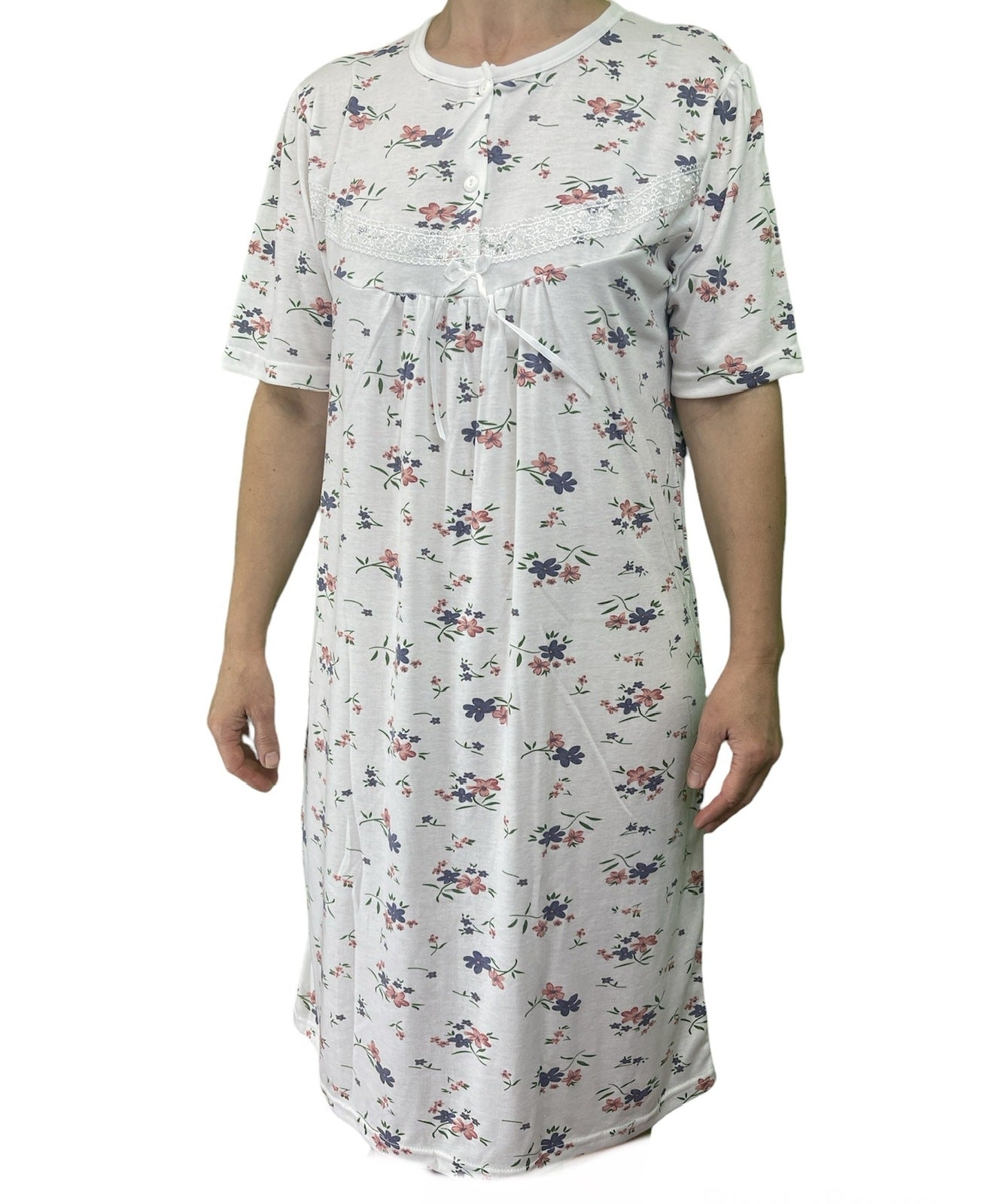 Womens Ladies Cotton Nightie Night Gown Slip Petticoat PJs Sleepwear Short Sleeve Dress-9