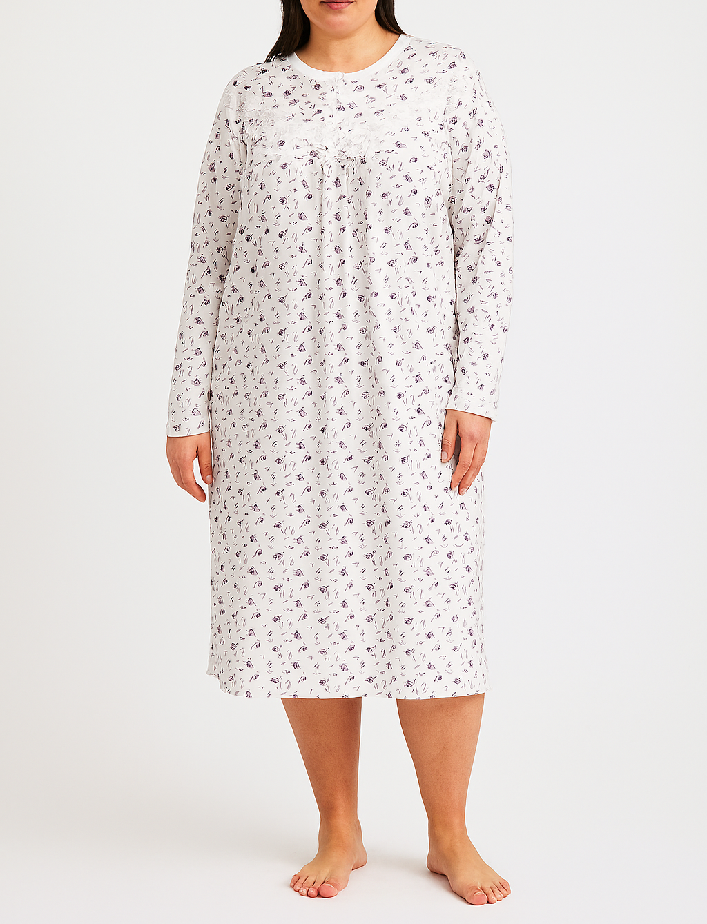 Womens Plus Size Cotton Big & Tall Long Sleeve Nightie Gown Pyjamas Sleepwear PJ in Purple-0