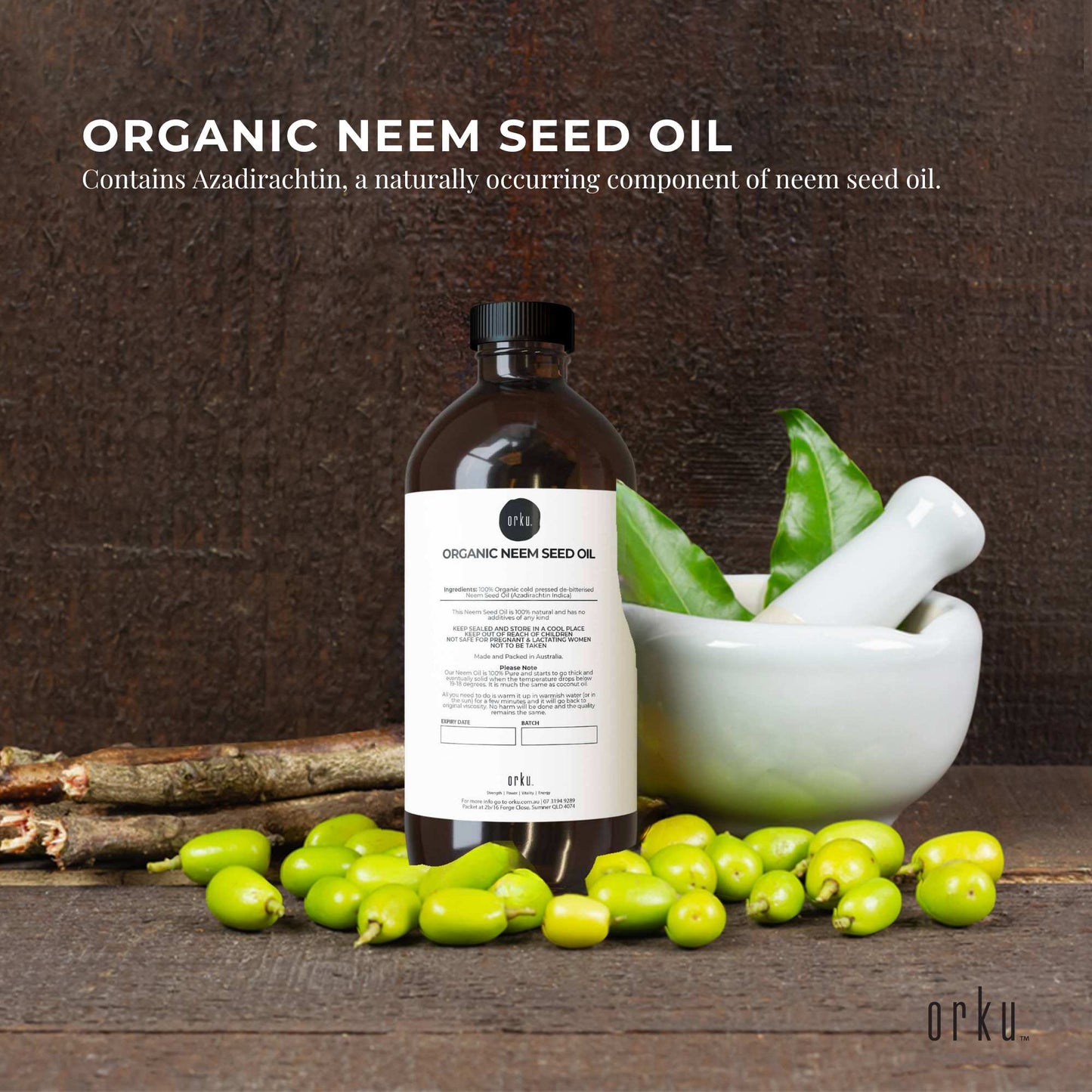 Orku 1L Organic Neem Seed Oil - Debitterised Cold Pressed Azadirachtin Indica-1
