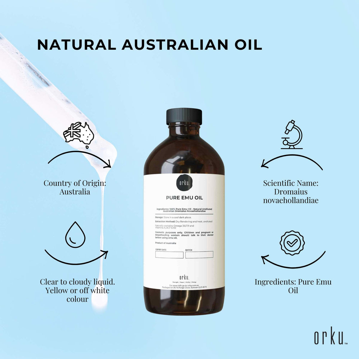 Orku 1L Pure Emu Oil - Natural Undiluted Australian Dromaius Novaehollandiae-4