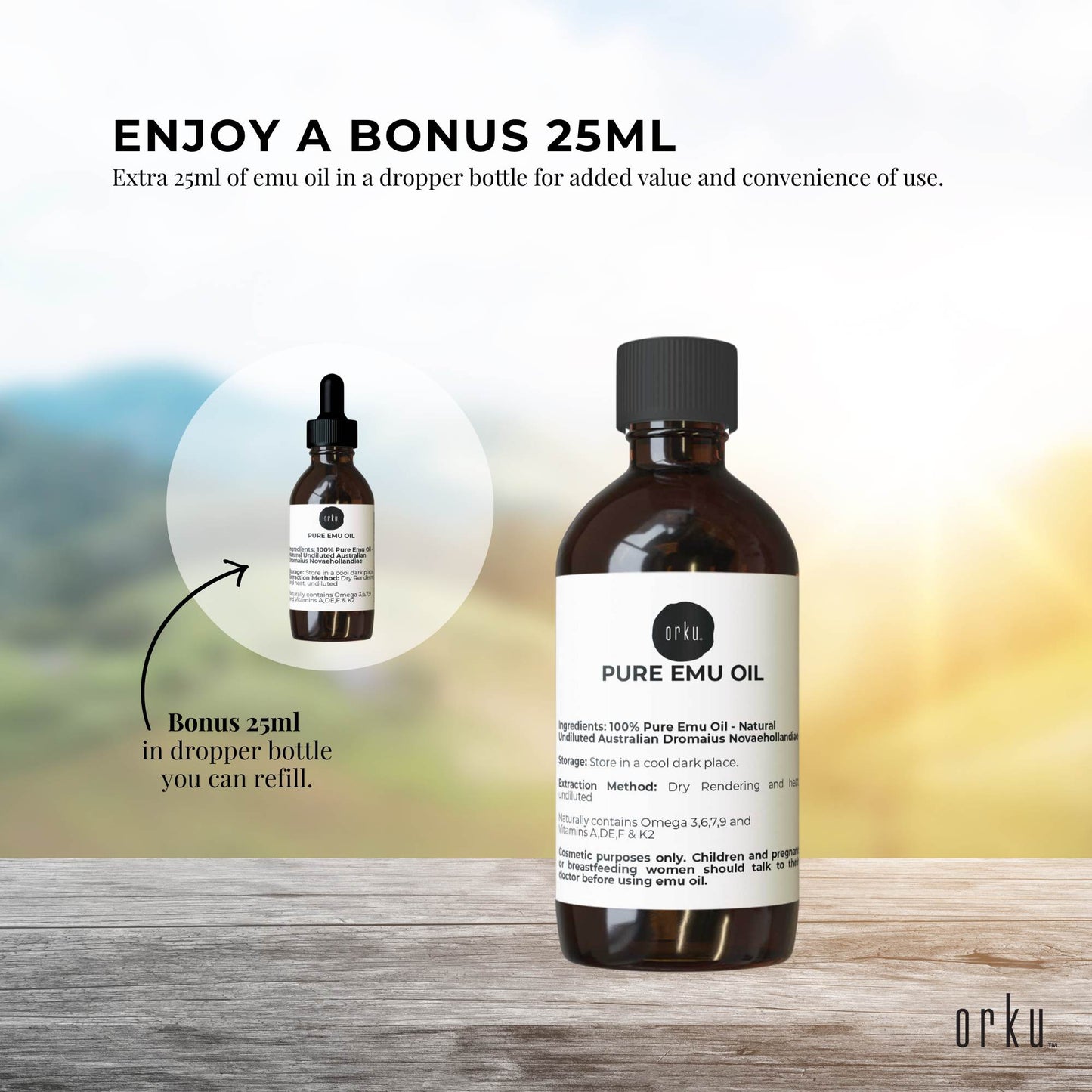 Orku 250ml Pure Emu Oil + Bonus 25ml Bottle - Australian Dromaius Novaehollandiae-4