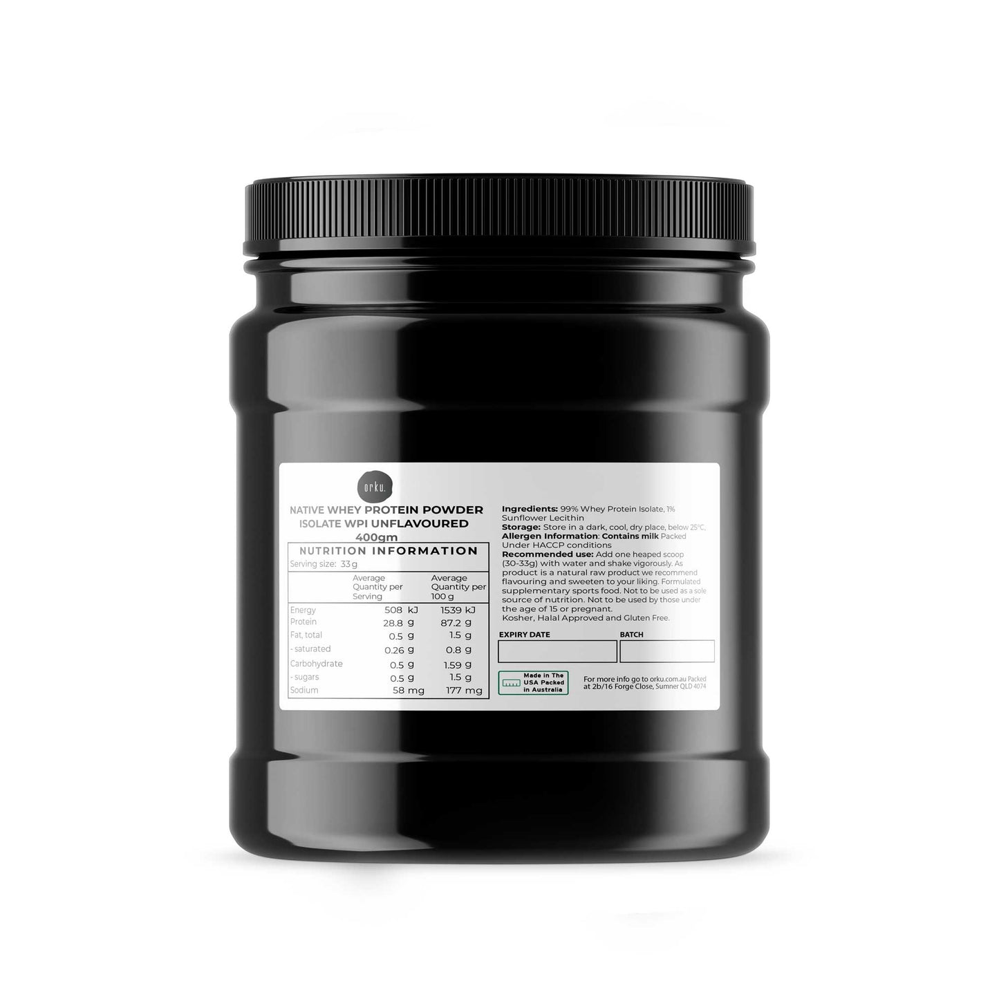 Orku 400g WPI Whey Protein Isolate Powder - Unflavoured Native Jar-0