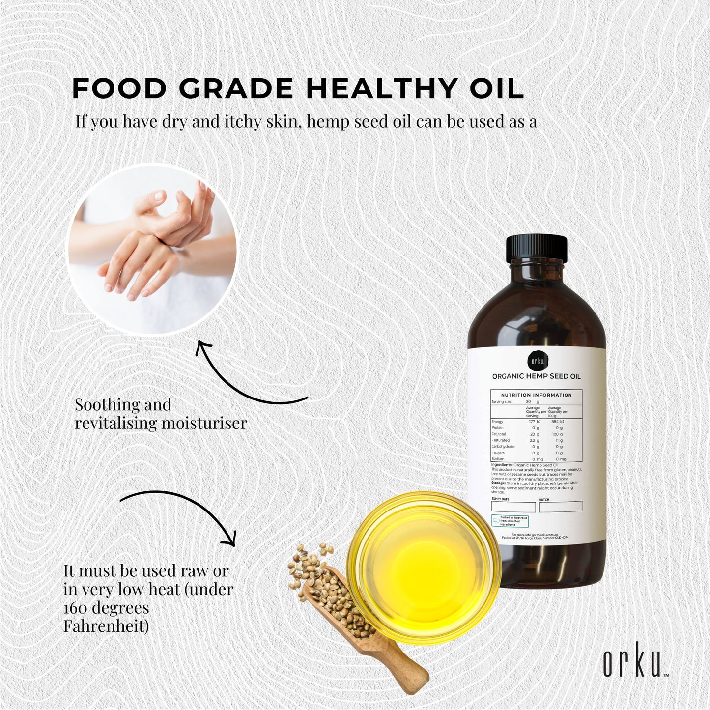 Orku 500ml Organic Hemp Seed Oil - Cold Pressed Food Grade Oils-3