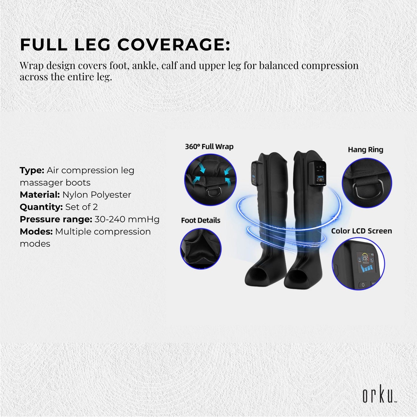 Orku Cordless Full Leg Air Compression Massager Boots - Rechargeable Pair Large-4