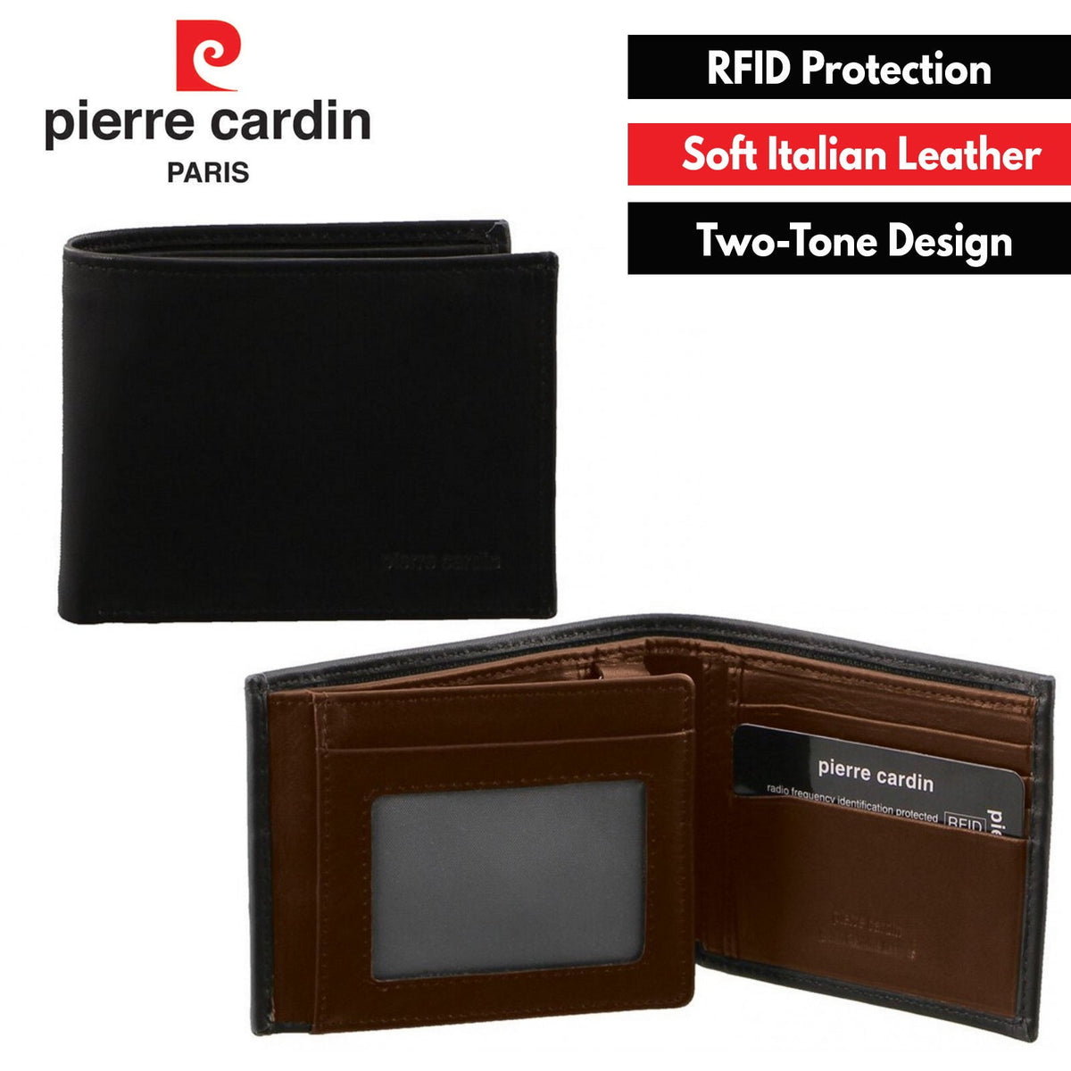Pierre Cardin Italian Genuine Leather Mens Two Tone Bi Fold Wallet- Black/Midnight