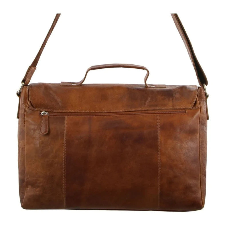Pierre Cardin Mens Rustic Leather Flap Over 15" Laptop Computer Bag - Cognac-3