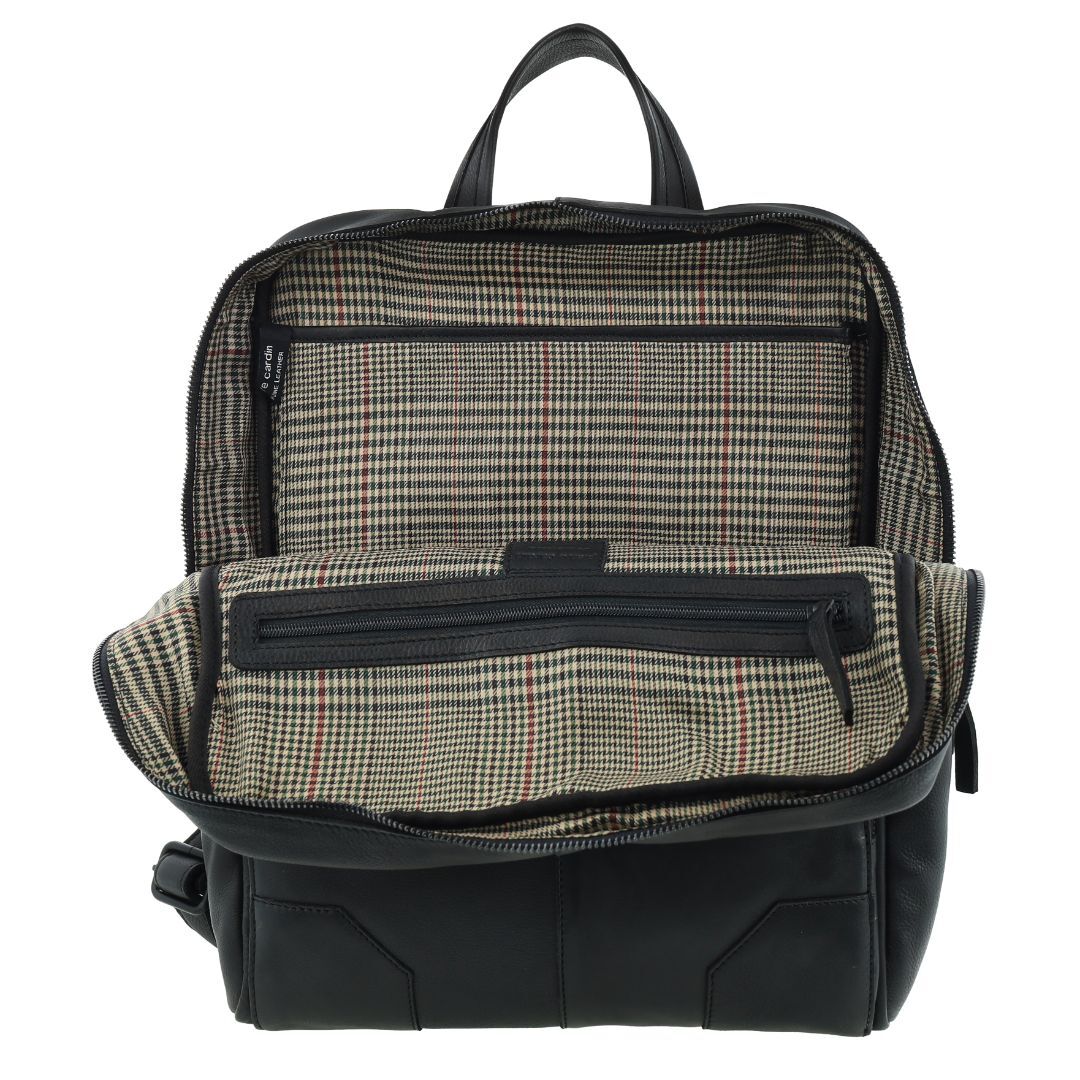 Pierre Cardin Mens Leather Sleek Backpack Bag w/ Laptop Compartment in Black